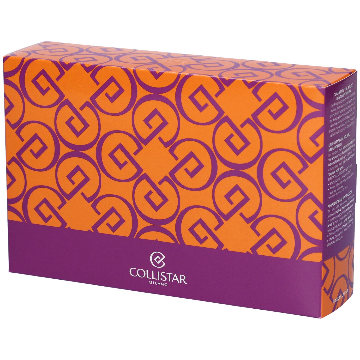 Scatola regalo arancione-viola con motivo geometrico e logo del marchio. Contiene prodotti cosmetici.