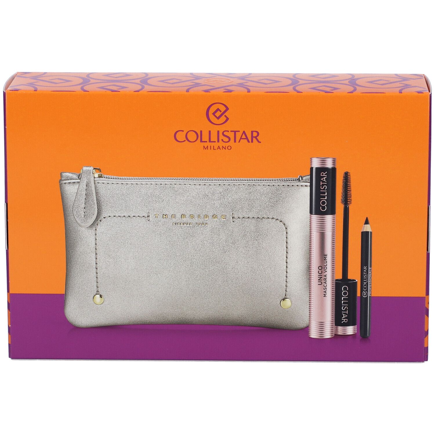 Set regalo con mascara, matita occhi e beauty-bag. Confezione con logo e nomi dei prodotti.