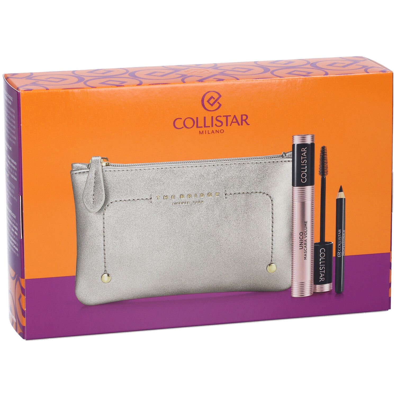 Set regalo con mascara, matita occhi e beauty-bag. Confezione con logo e nomi dei prodotti.