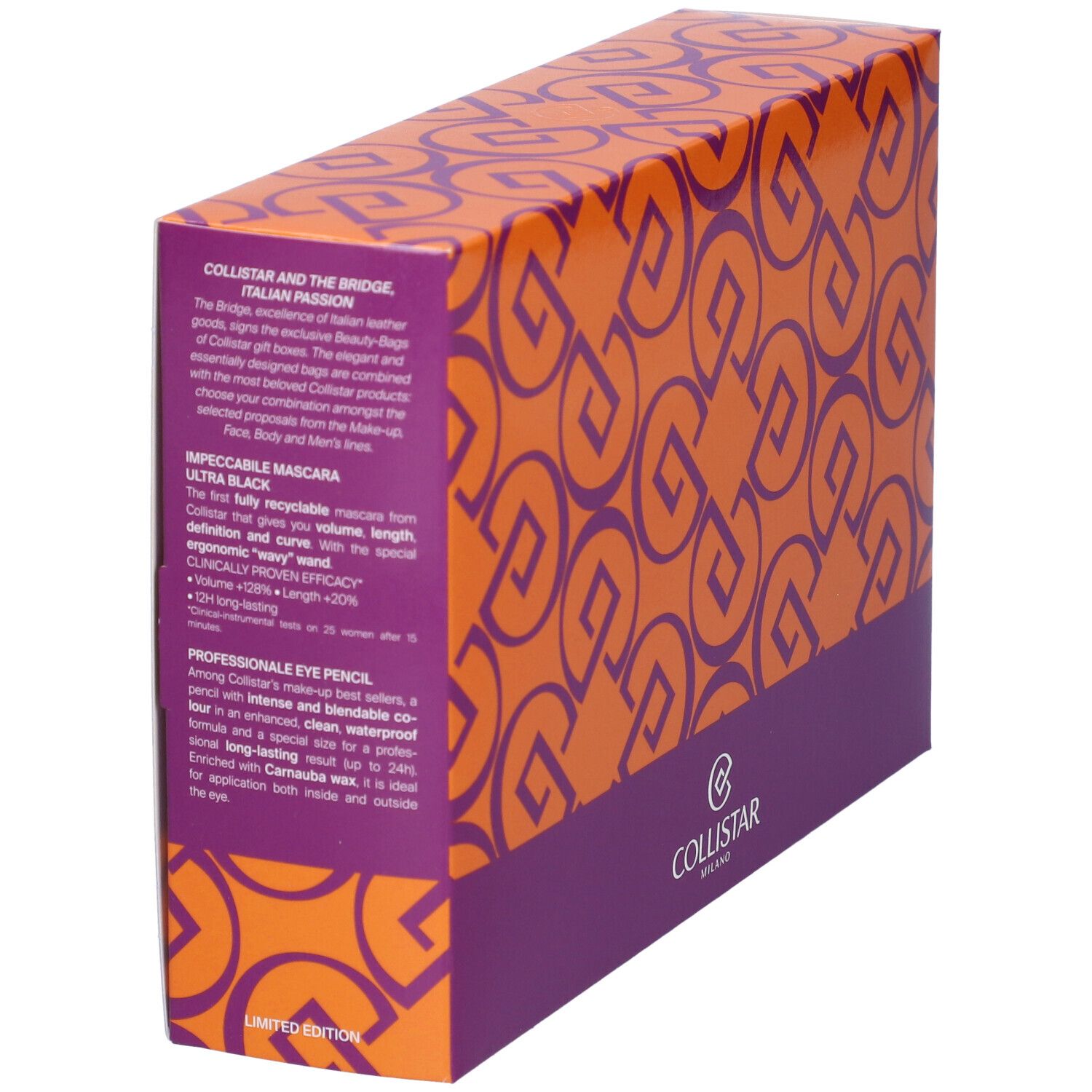 Confezione con testo e logo. Schema colori arancione e viola. Contiene mascara, matita occhi e pochette.