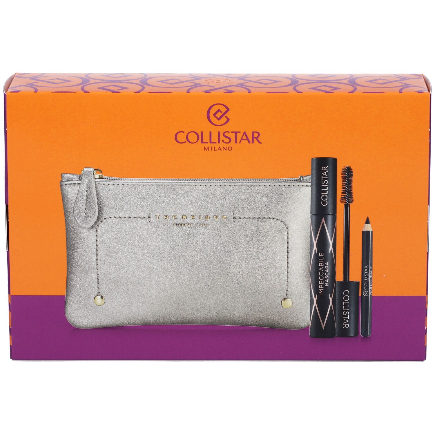 Set regalo con pochette argento, mascara e matita occhi. Confezione arancione e viola con logo.
