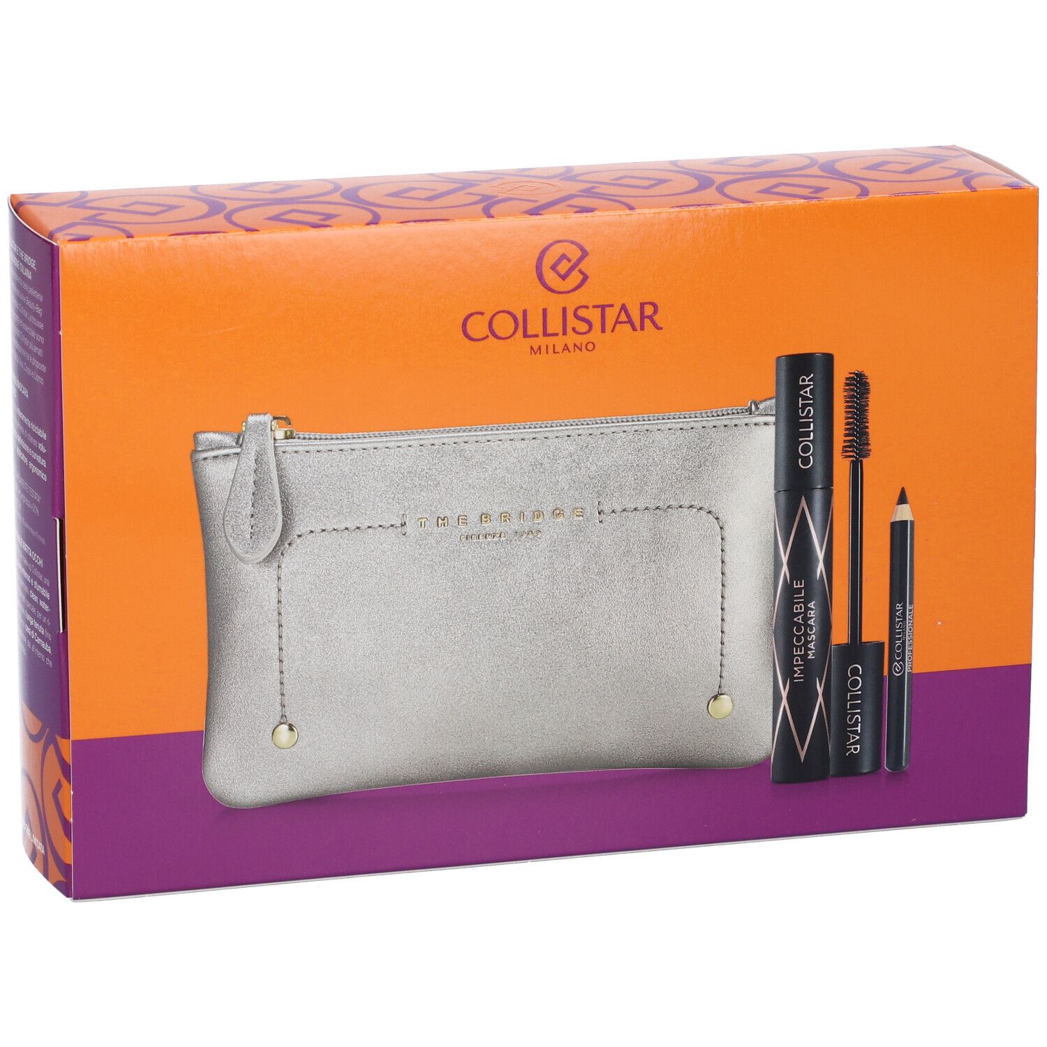 Set regalo con pochette argento, mascara e matita occhi. Confezione arancione e viola con logo.