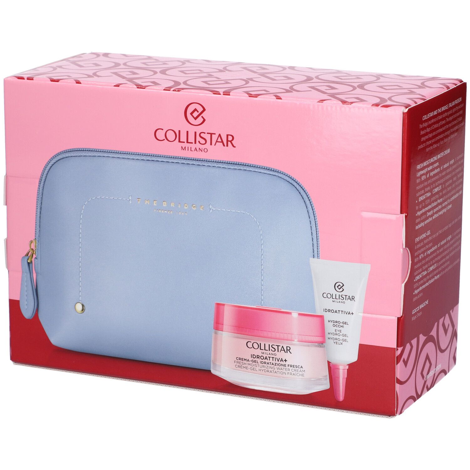Set regalo Collistar. Scatola rosa con pochette azzurra, crema-gel e gel occhi. Marchio Collistar Milano.