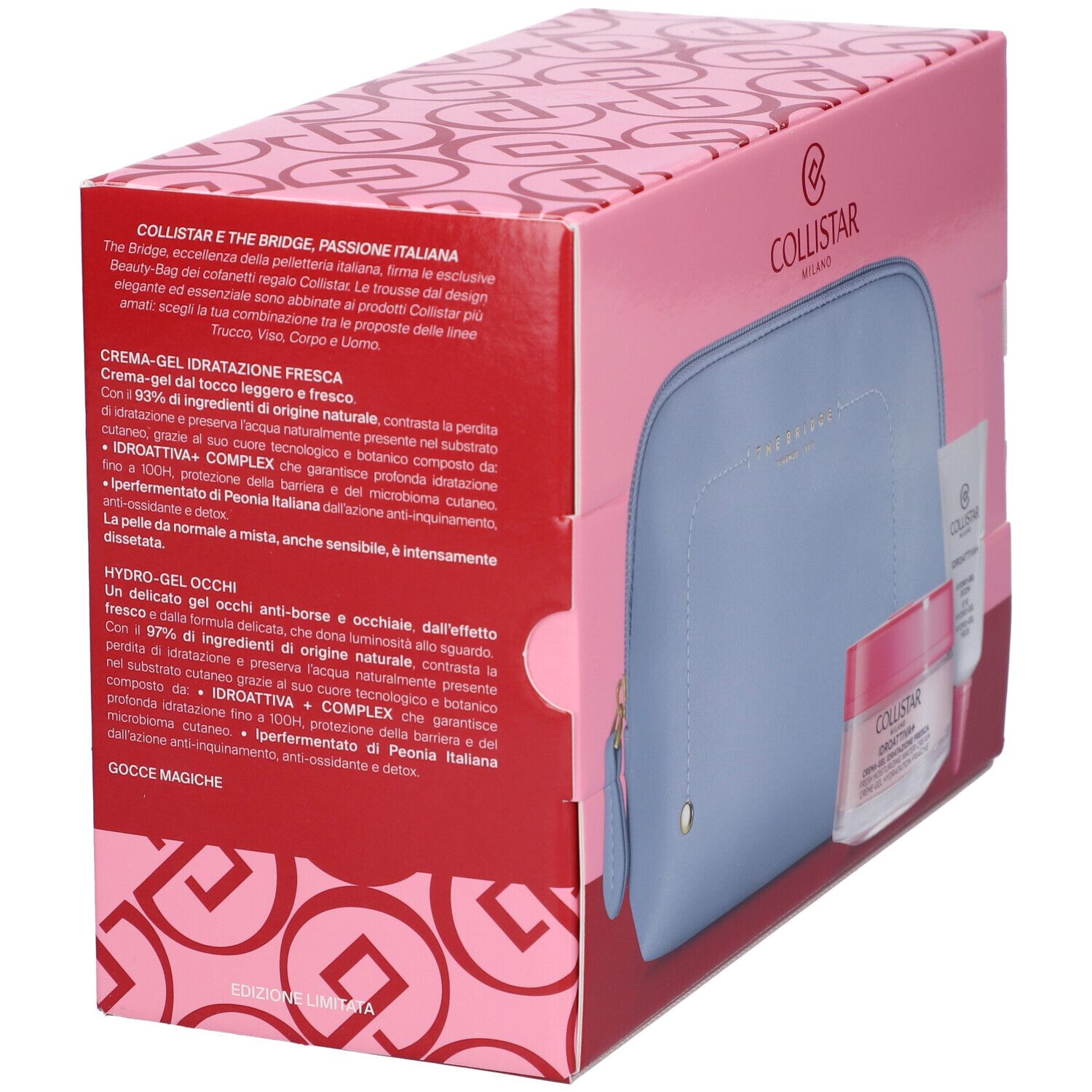 Scatola set regalo con testo. Scatola rosa con pochette, crema-gel e gel occhi. Marchio Collistar Milano.
