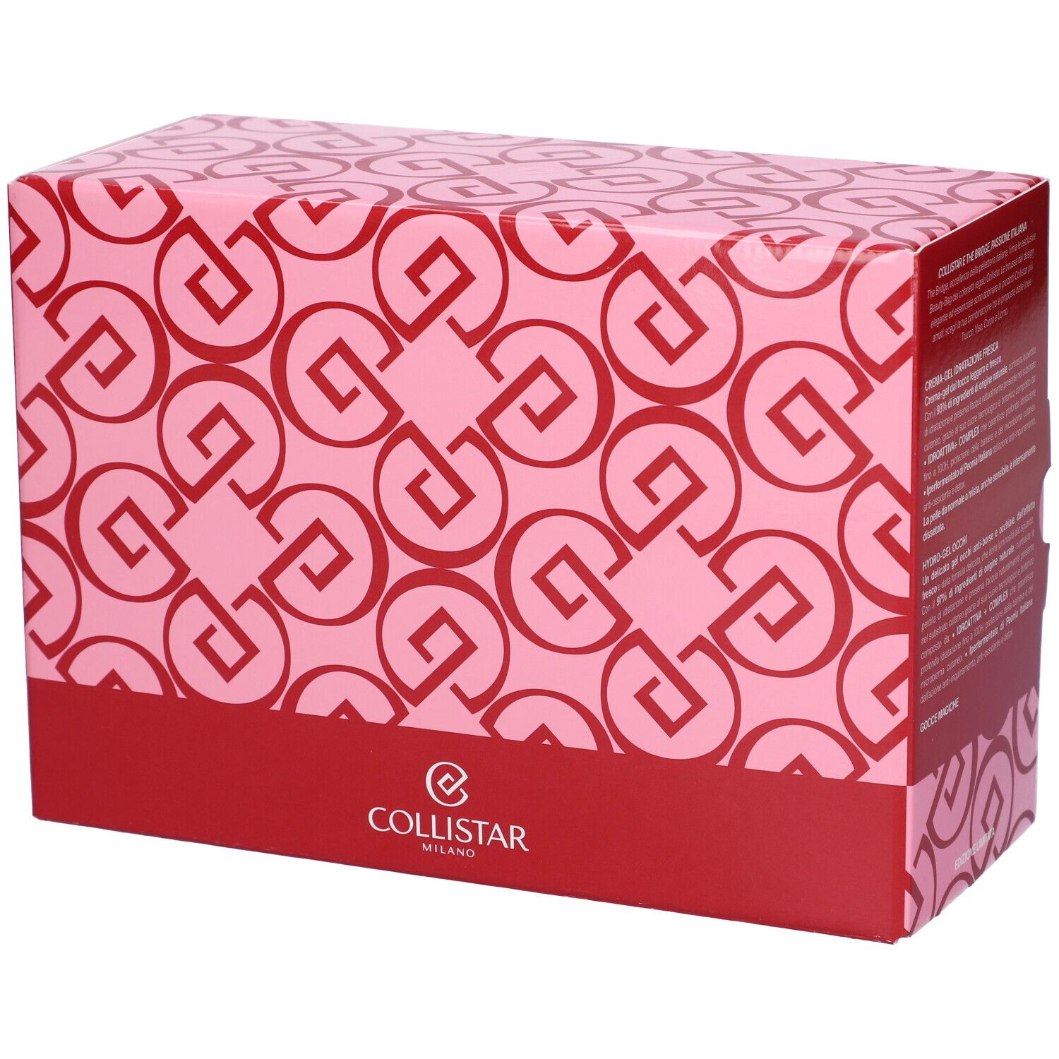 Scatola rosa con motivo rosso e logo Collistar. Testo sulla scatola. Marchio Collistar Milano.