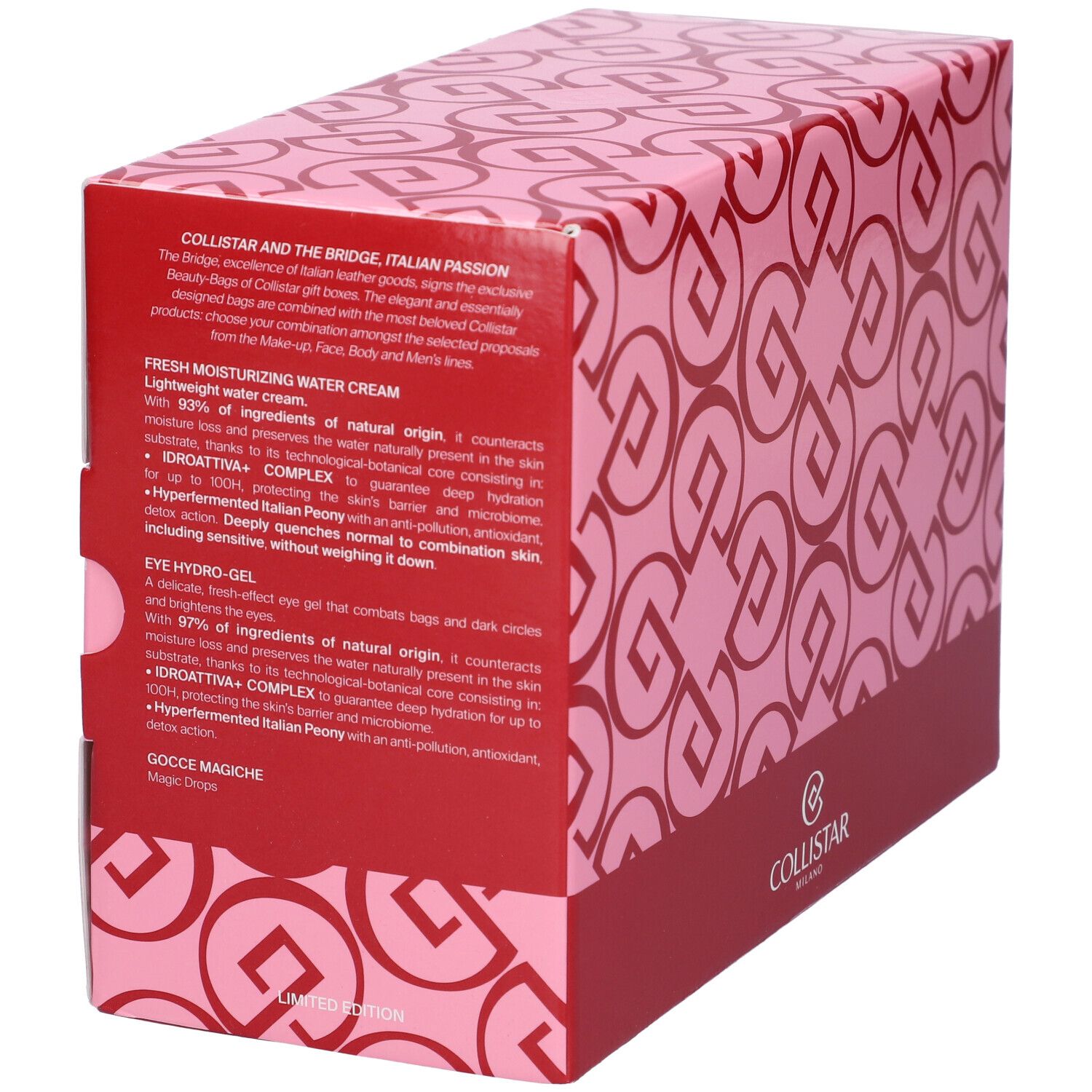 Scatola rosa con testo e motivo rosso. Marchio Collistar Milano. Testo su ingredienti e marchio.