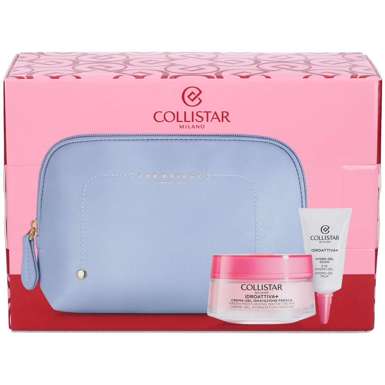 Set regalo Collistar. Scatola rosa con pochette azzurra, crema-gel e gel occhi. Marchio Collistar Milano.