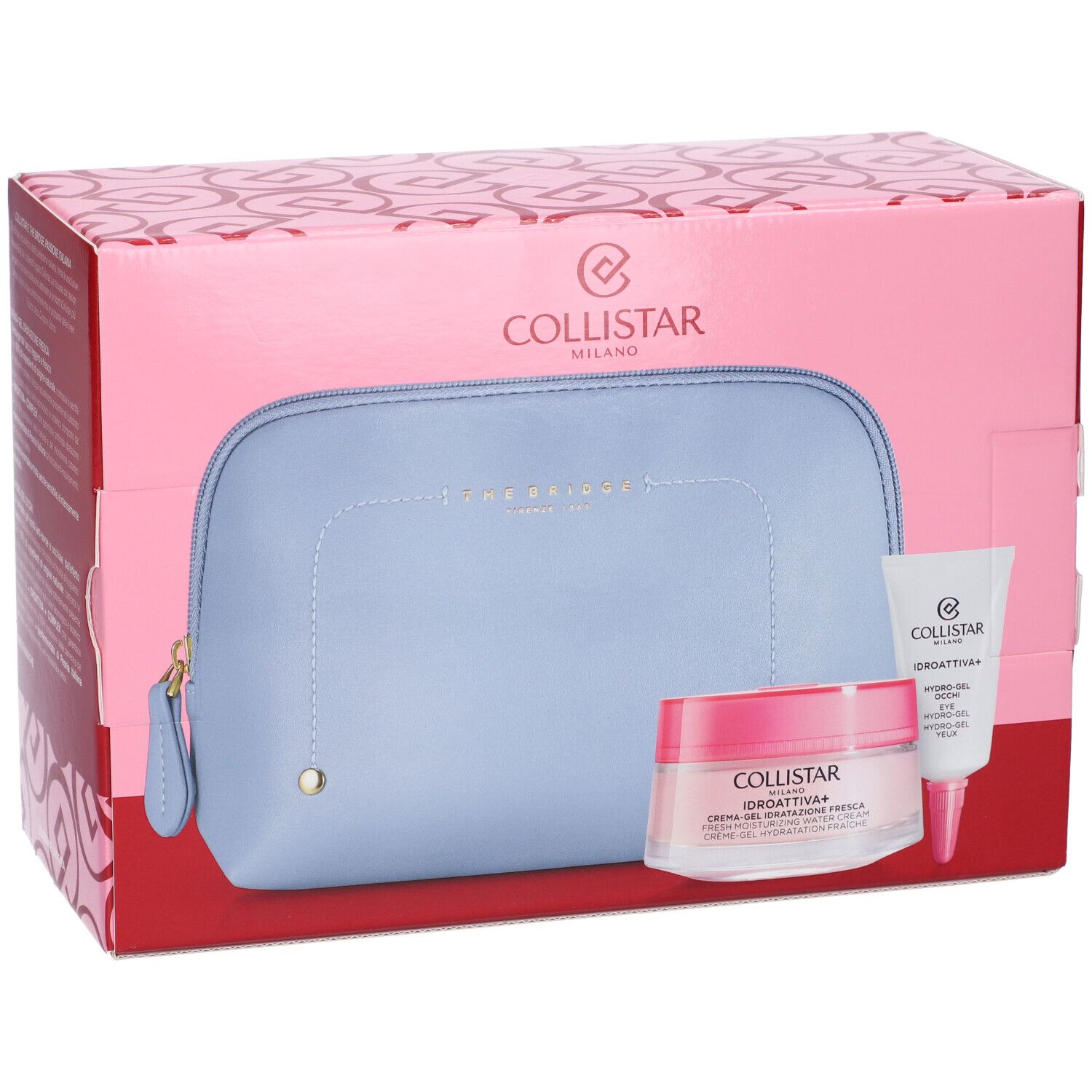 Set regalo Collistar. Scatola rosa con pochette azzurra, crema-gel e gel occhi. Marchio Collistar Milano.