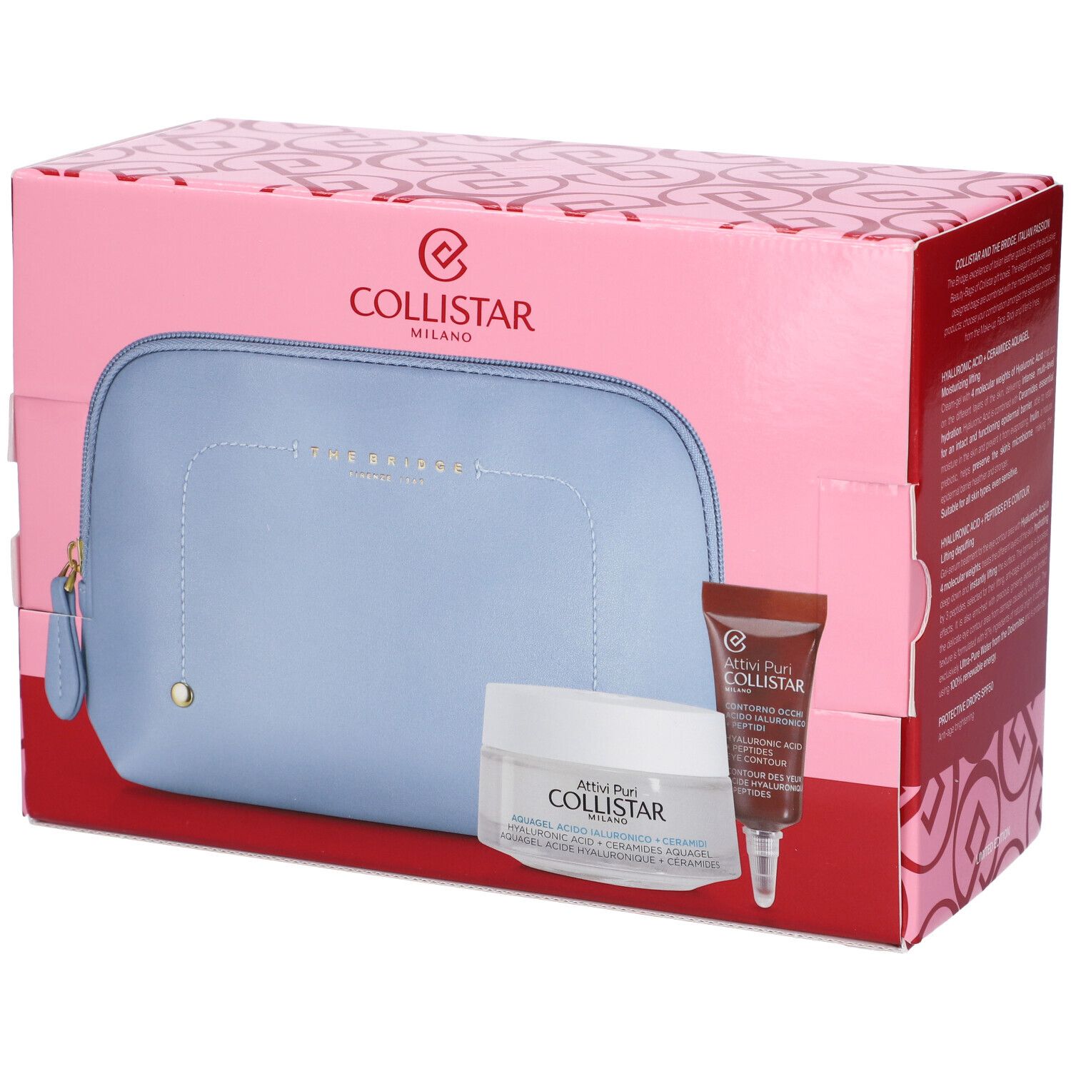 Set regalo con pochette azzurra, crema e contorno occhi. La confezione mostra Collistar e The Bridge.