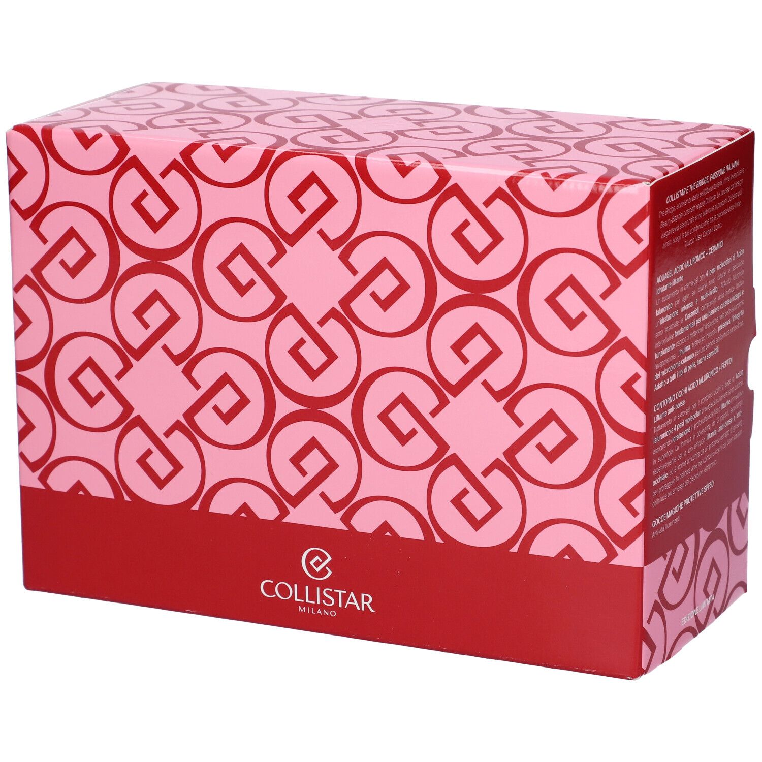 Scatola regalo rosa con motivo rosso e logo Collistar. Testo sulla confezione.