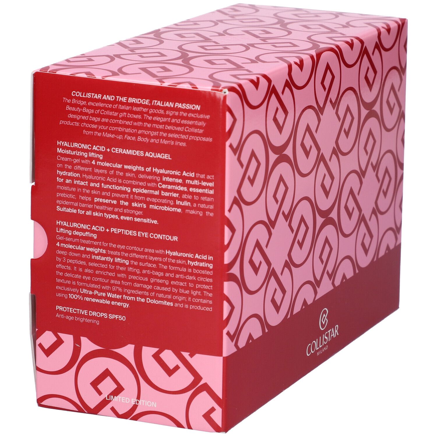 Scatola regalo rosa con motivo rosso e logo Collistar. Testo sulla confezione.