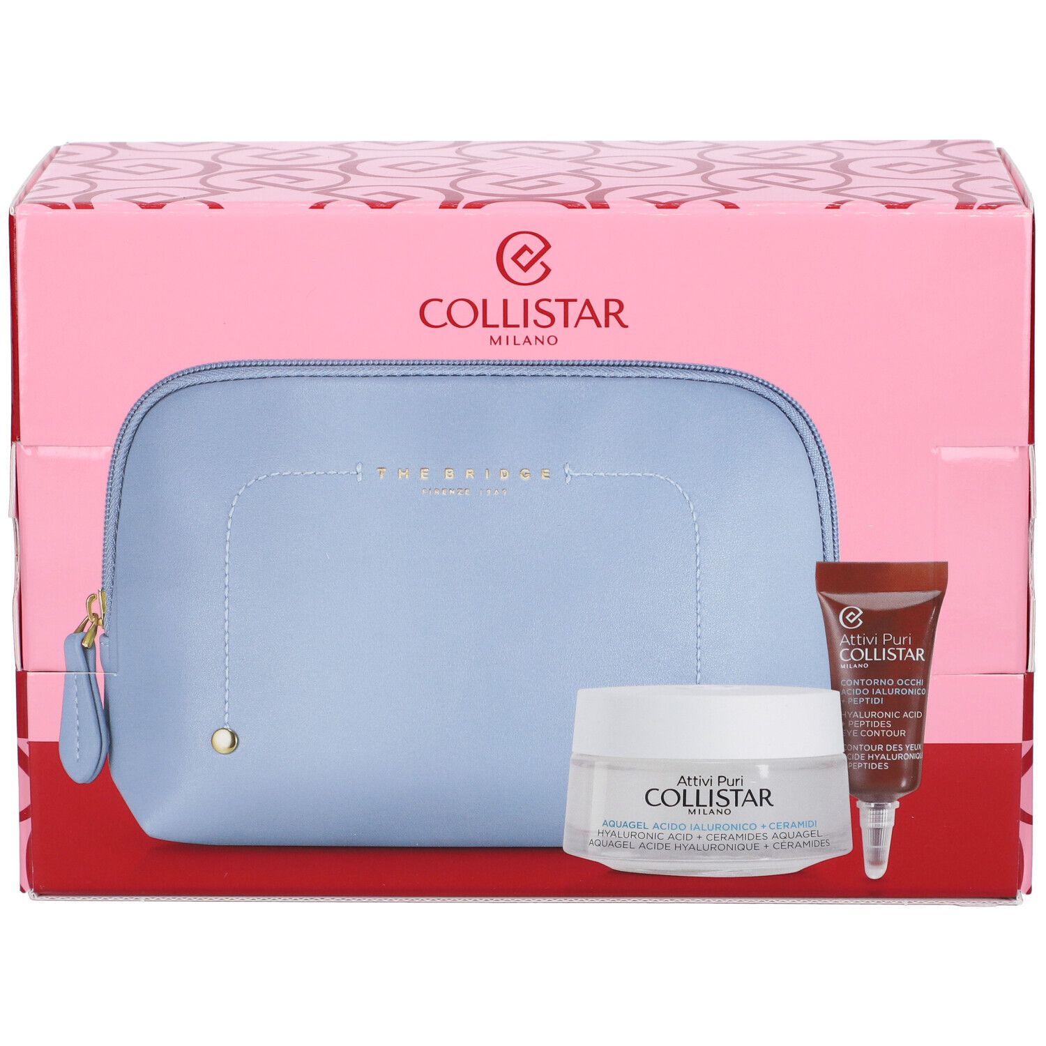 Set regalo con pochette azzurra, crema e contorno occhi. La confezione mostra Collistar.