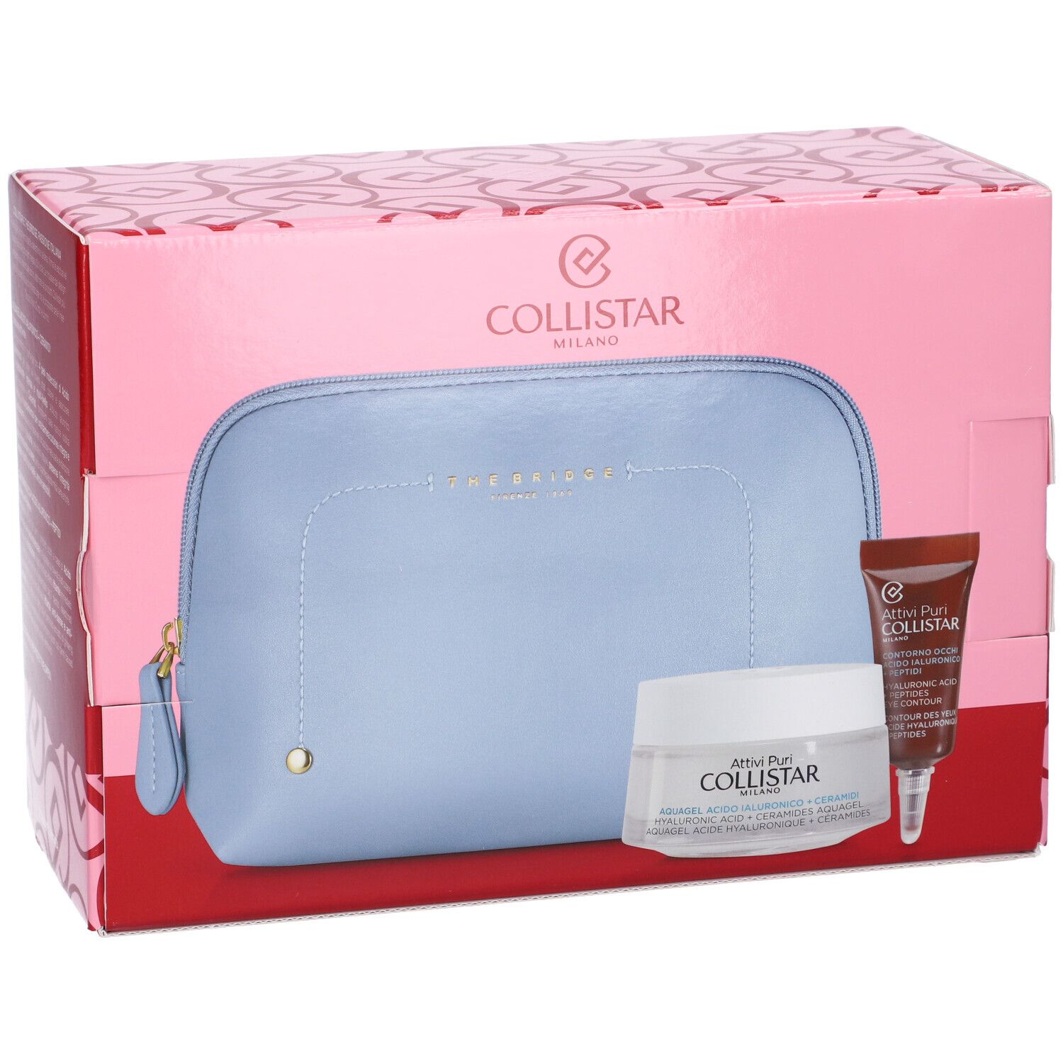 Set regalo con pochette azzurra, crema e contorno occhi. La confezione mostra Collistar.