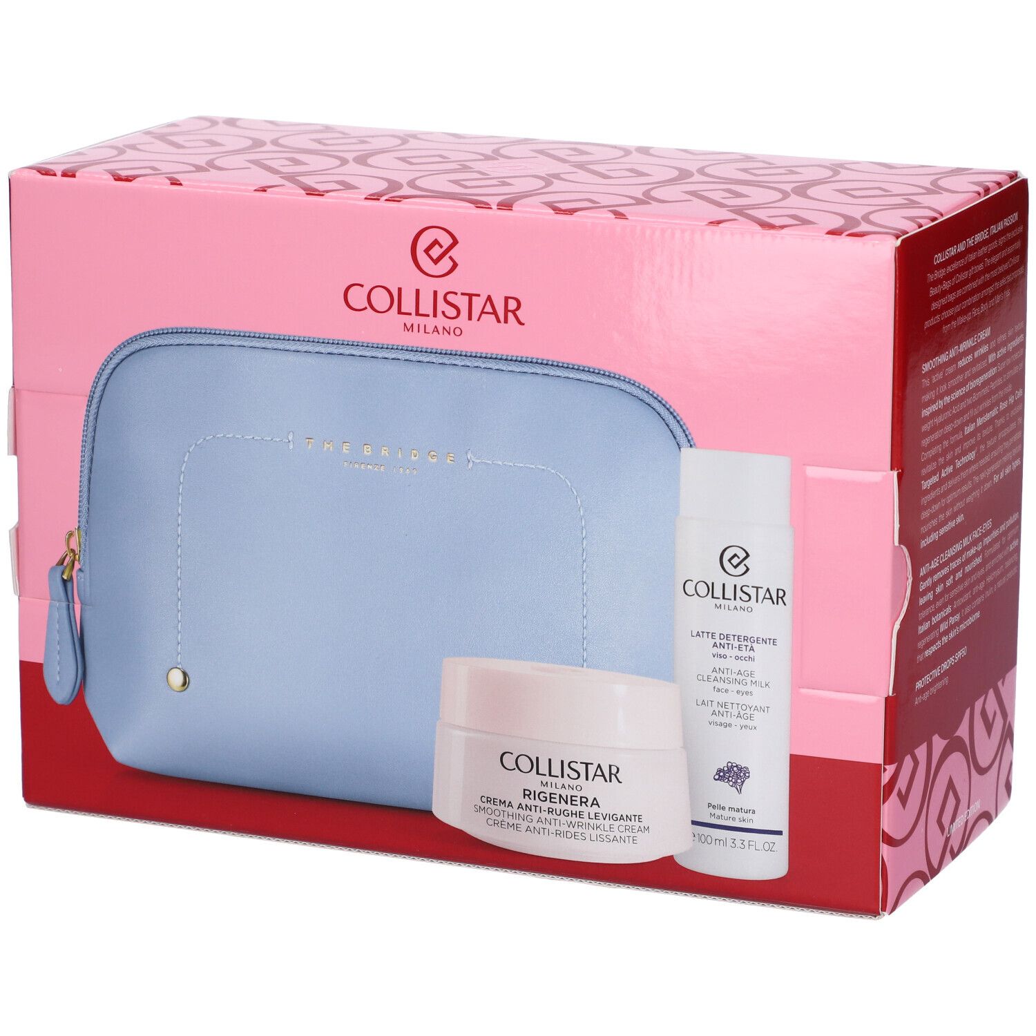 Set regalo con trousse, crema e latte detergente. Trousse azzurra, confezione rosa con logo.