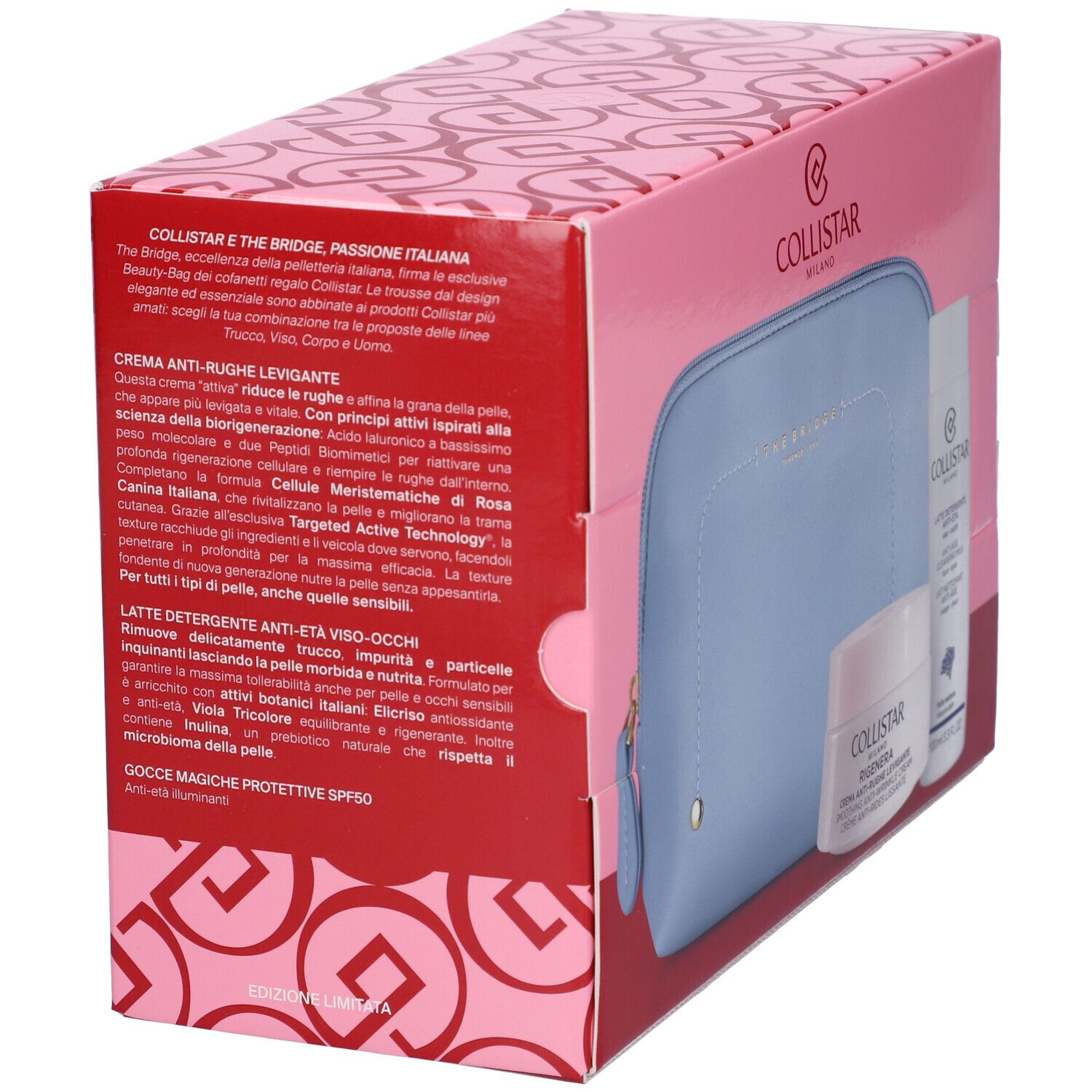 Confezione del set regalo con testo e logo. Scatola rosa con trousse azzurra, crema e latte detergente.
