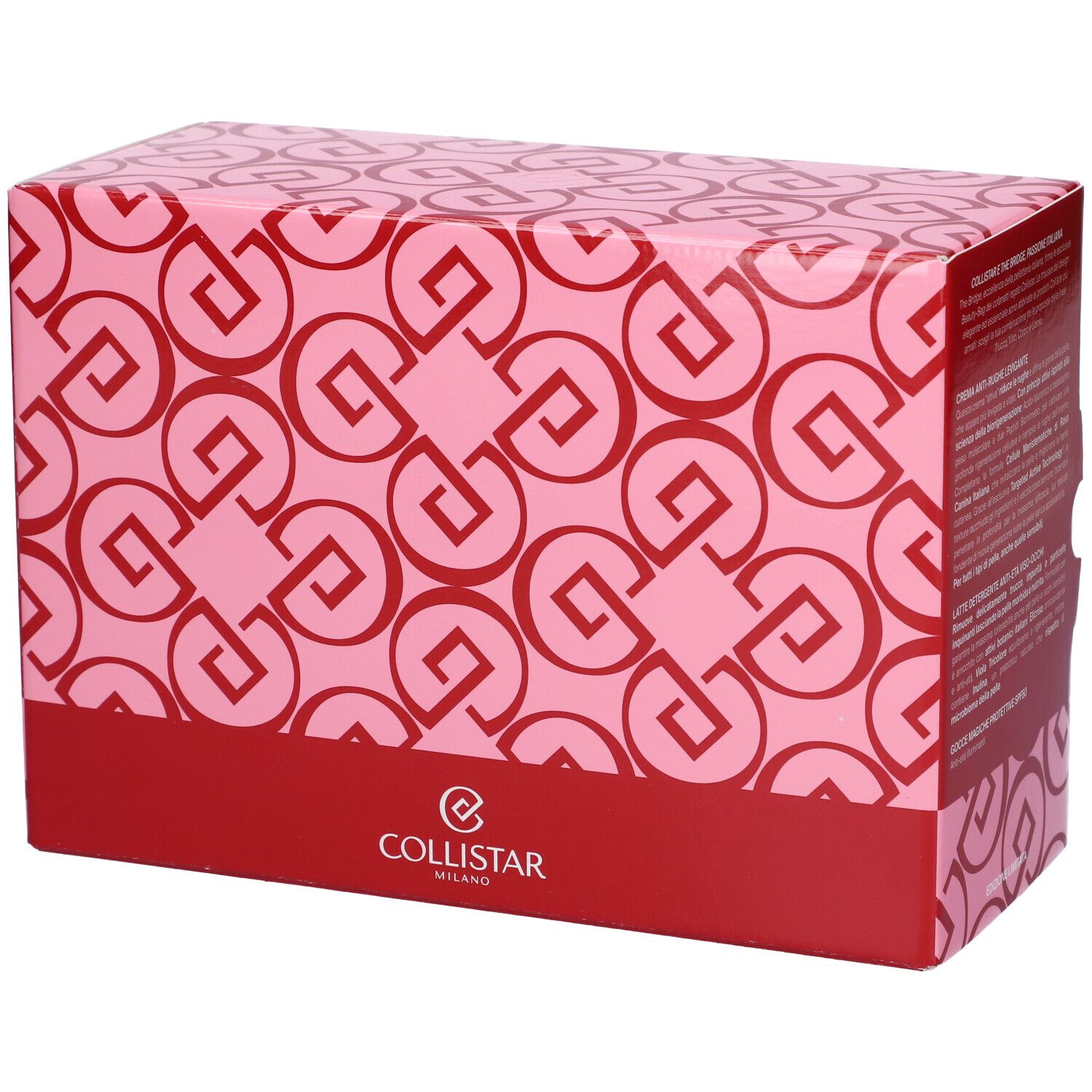 Scatola regalo rosa con motivo logo rosso. Marchio Collistar Milano.