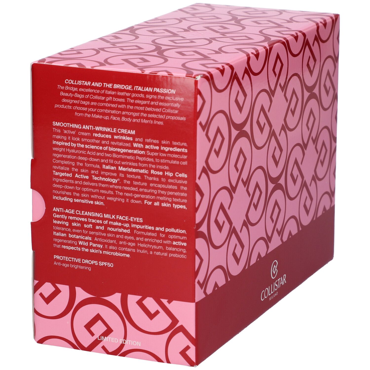Scatola regalo rosa con testo e logo. Marchio Collistar Milano.