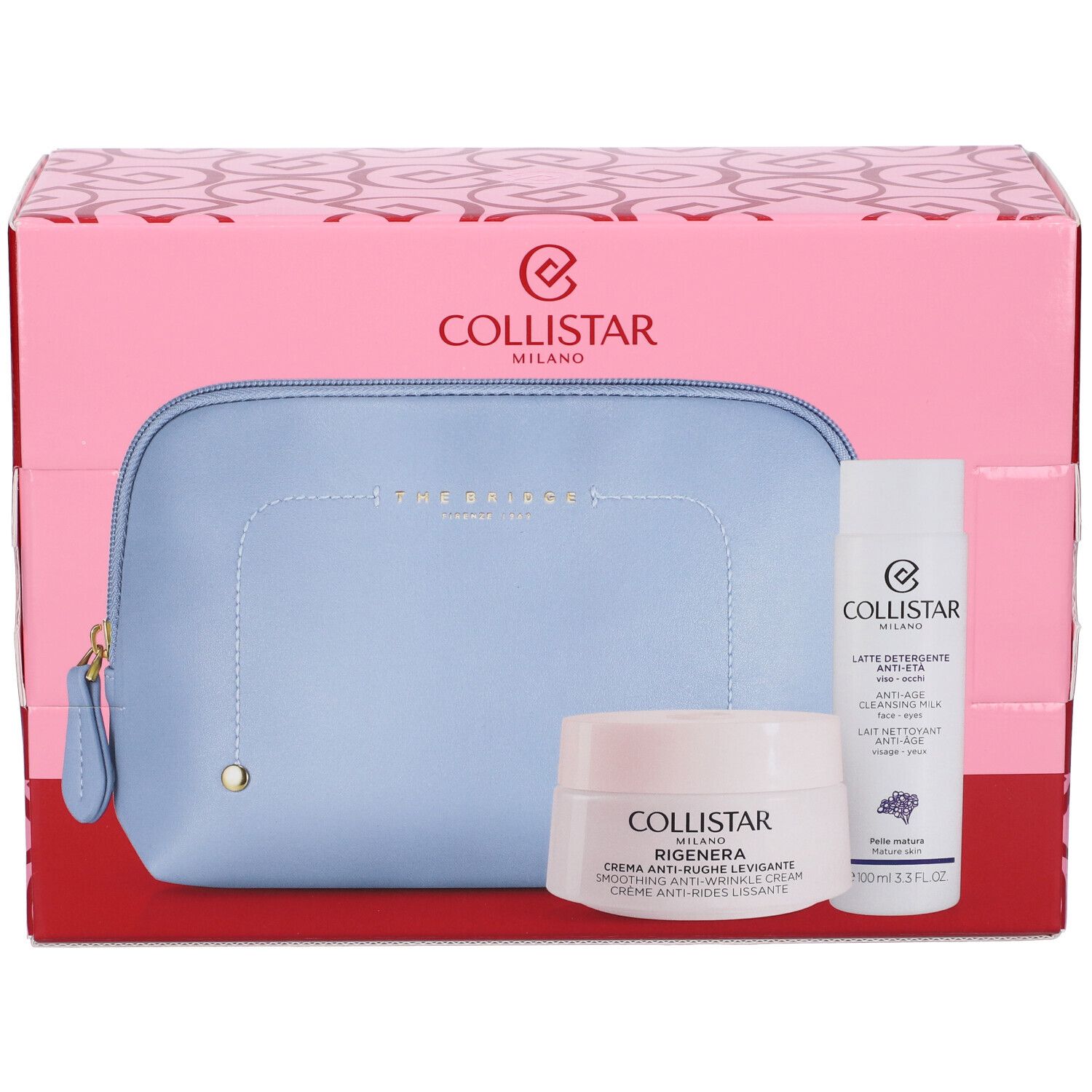 Set regalo con trousse, crema e latte detergente. Trousse azzurra, confezione rosa con logo.