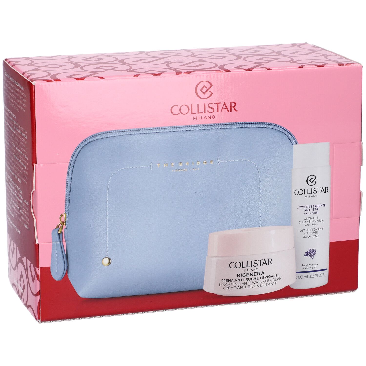 Set regalo con trousse, crema e latte detergente. Trousse azzurra, confezione rosa con logo.