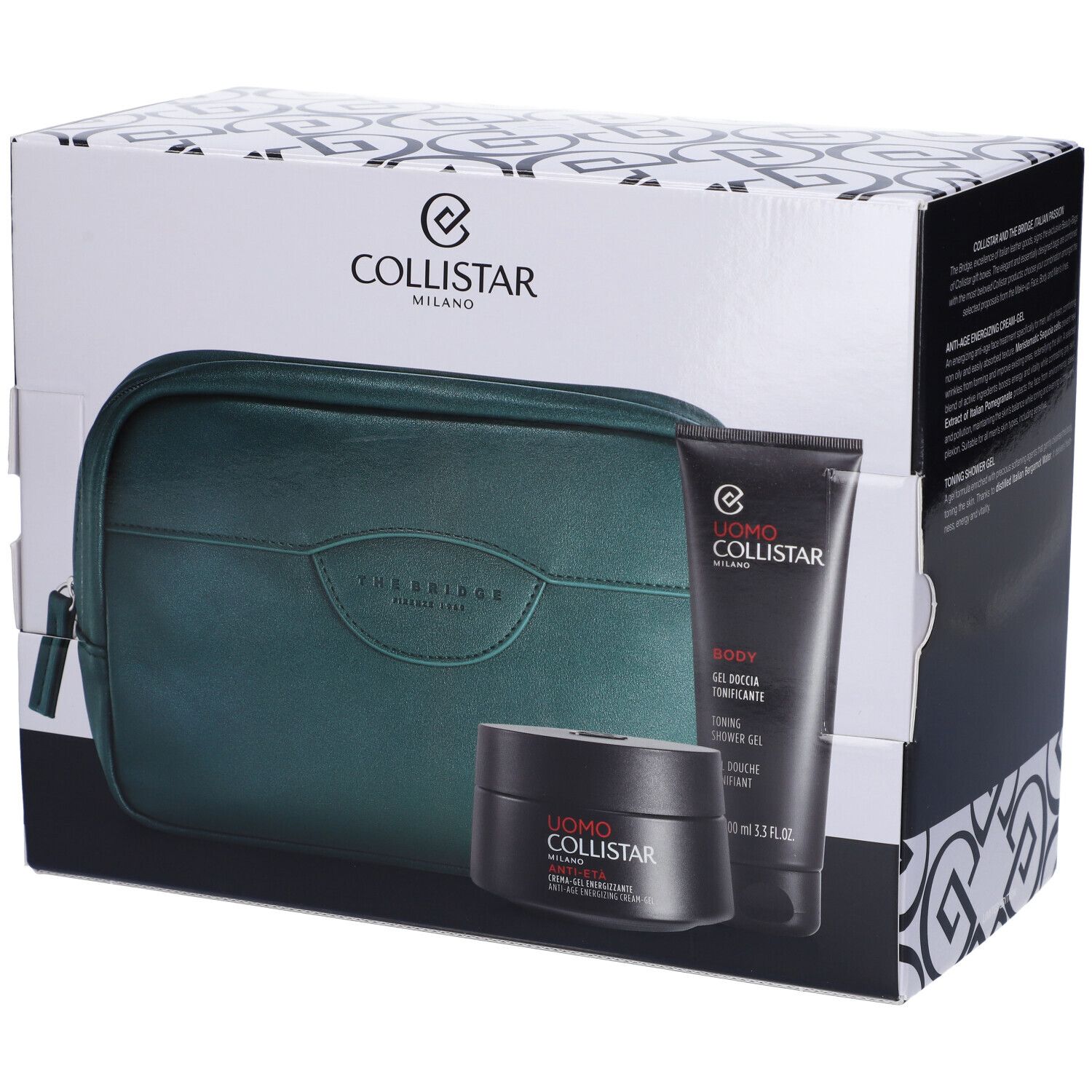 Set regalo con prodotti cosmetici e trousse verde. Prodotti: crema-gel, gel doccia. Marchio: Collistar Milano.