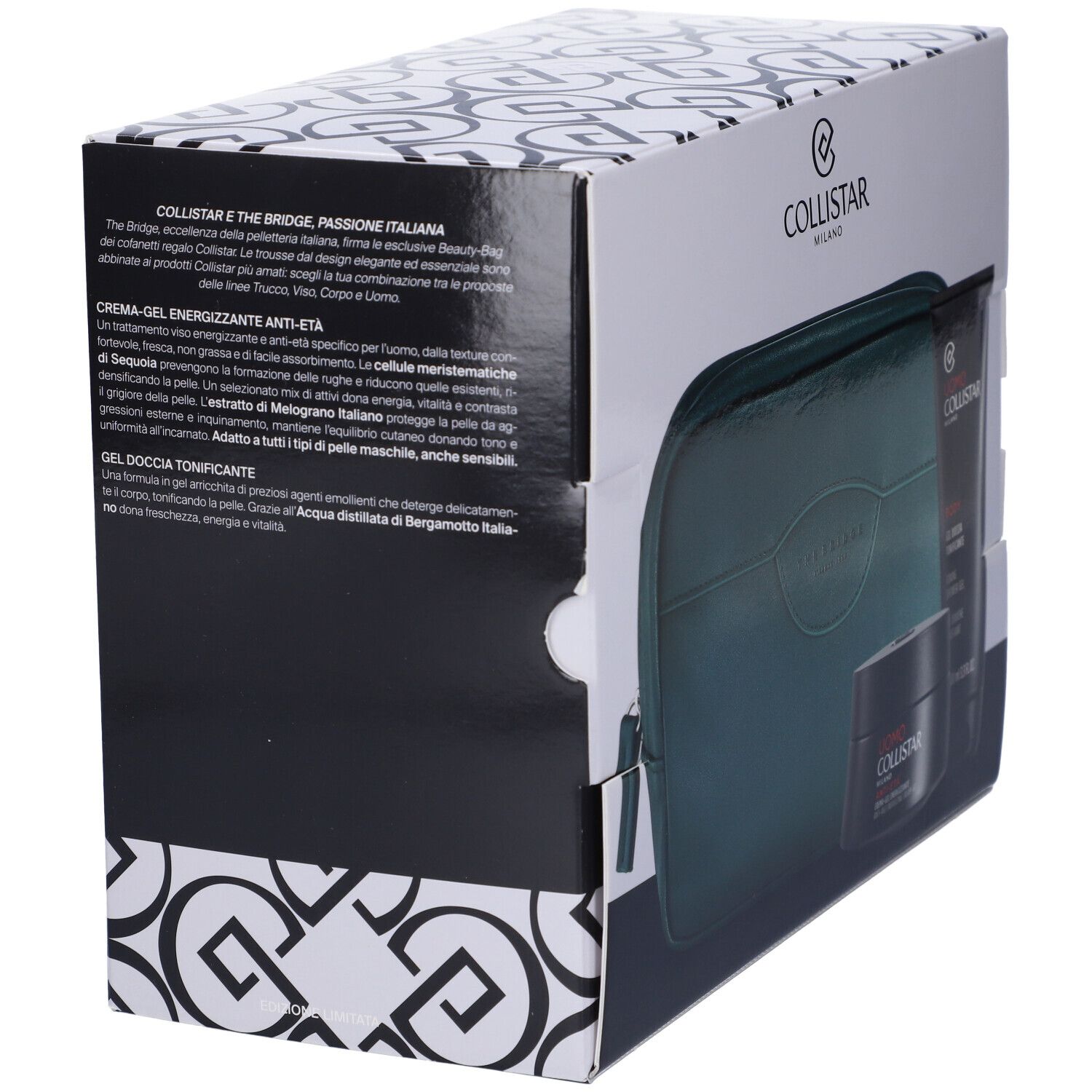 Scatola regalo con prodotti cosmetici e trousse verde. Testo sulla scatola. Marchio: Collistar Milano.