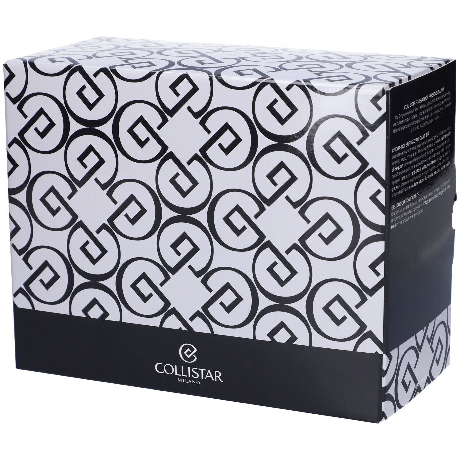 Scatola regalo bianca con motivo nero e logo. Marchio: Collistar Milano.