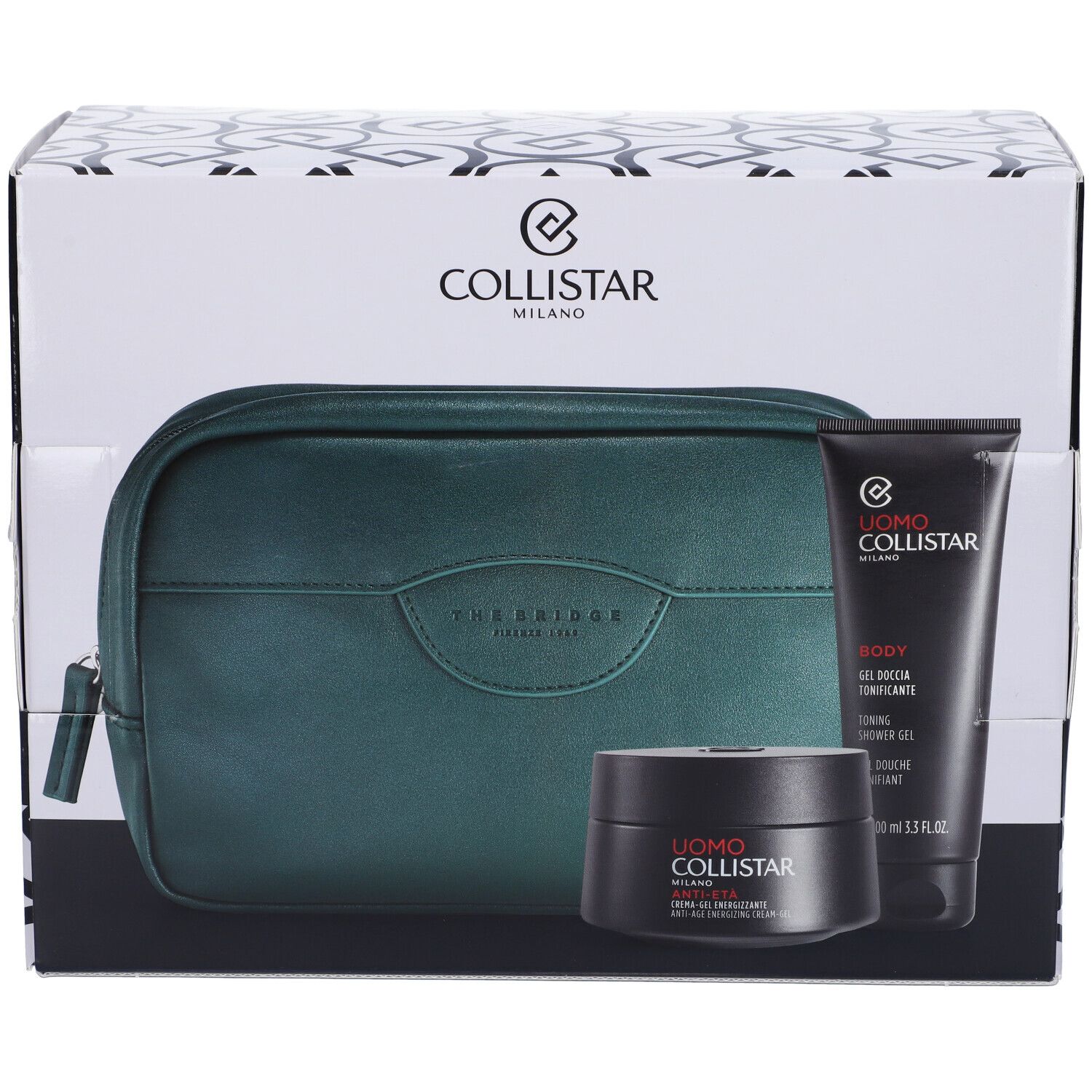Set regalo con prodotti cosmetici e trousse verde. Prodotti: crema-gel, gel doccia. Marchio: Collistar Milano.