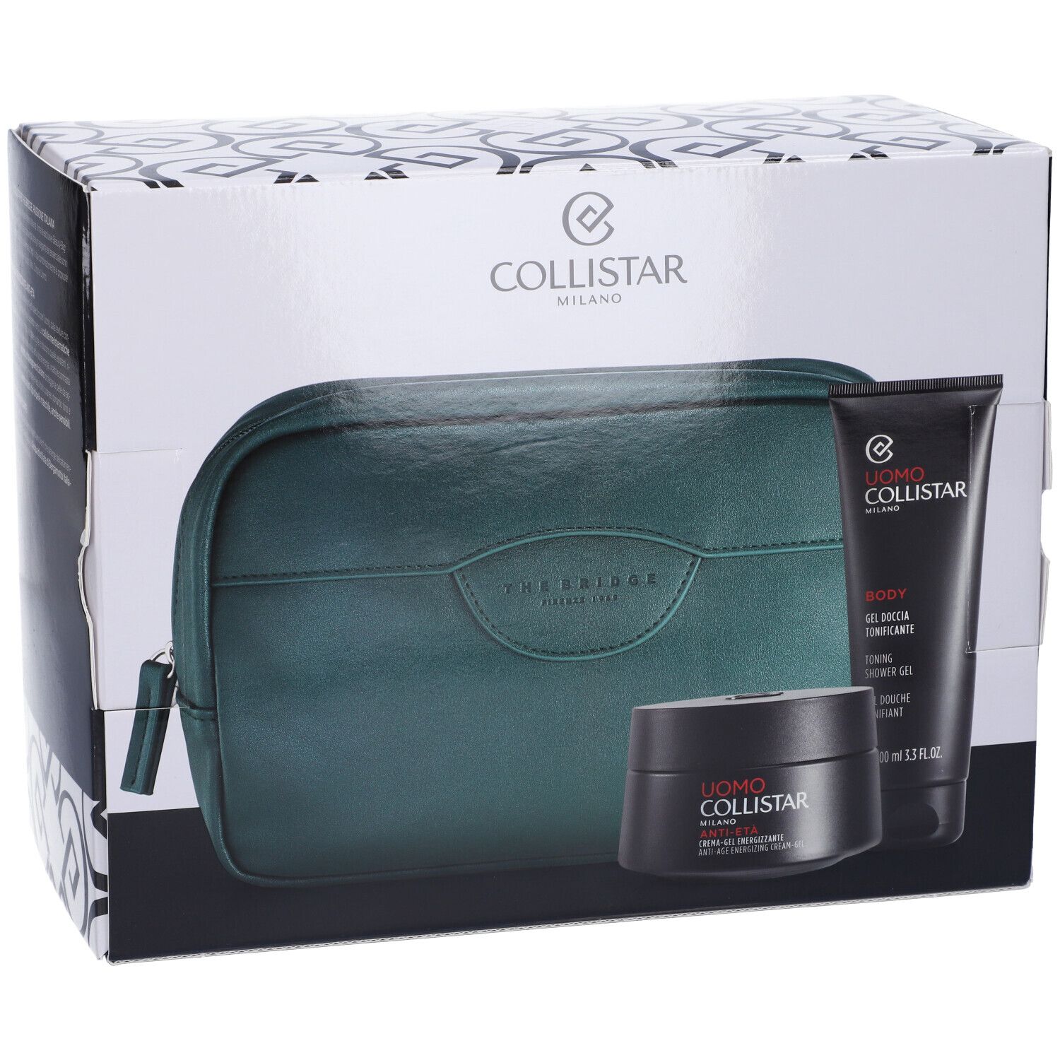 Set regalo con prodotti cosmetici e trousse verde. Prodotti: crema-gel, gel doccia. Marchio: Collistar Milano.