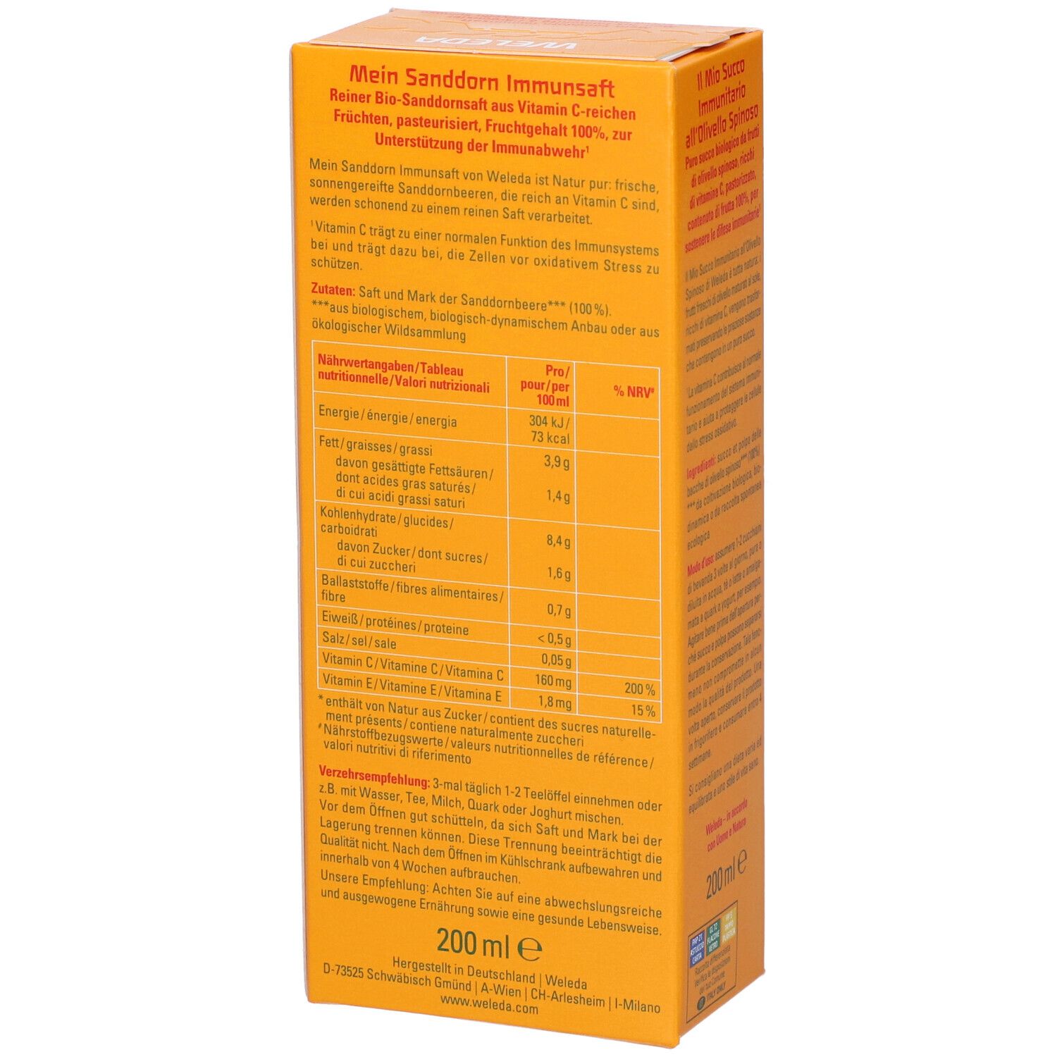 Retro della confezione con informazioni nutrizionali e altre informazioni sul prodotto. Volume di 200 ml.