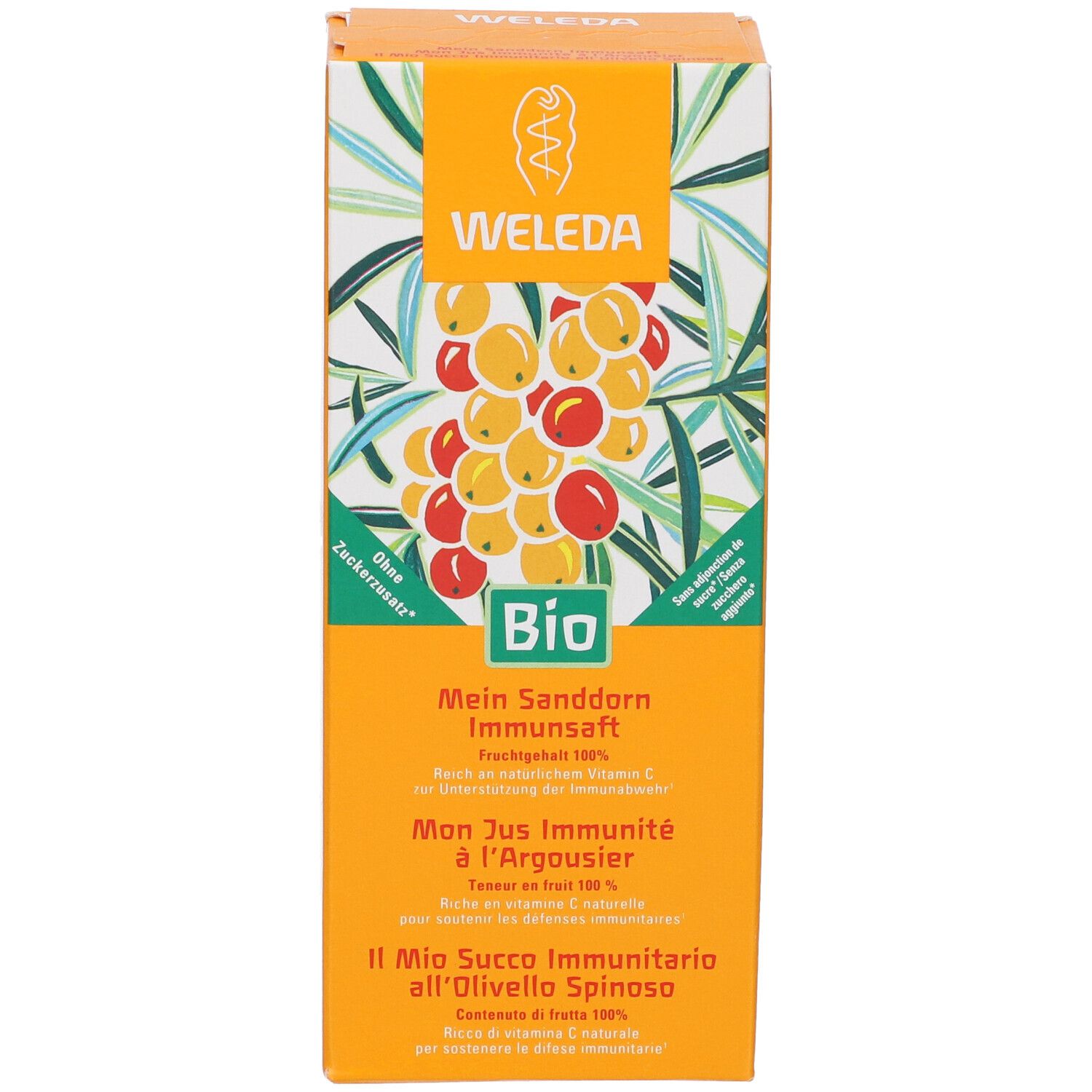 Confezione arancione con nome e logo del prodotto. Contiene succo immunitario di olivello spinoso bio. Logo Weleda e marchio bio.