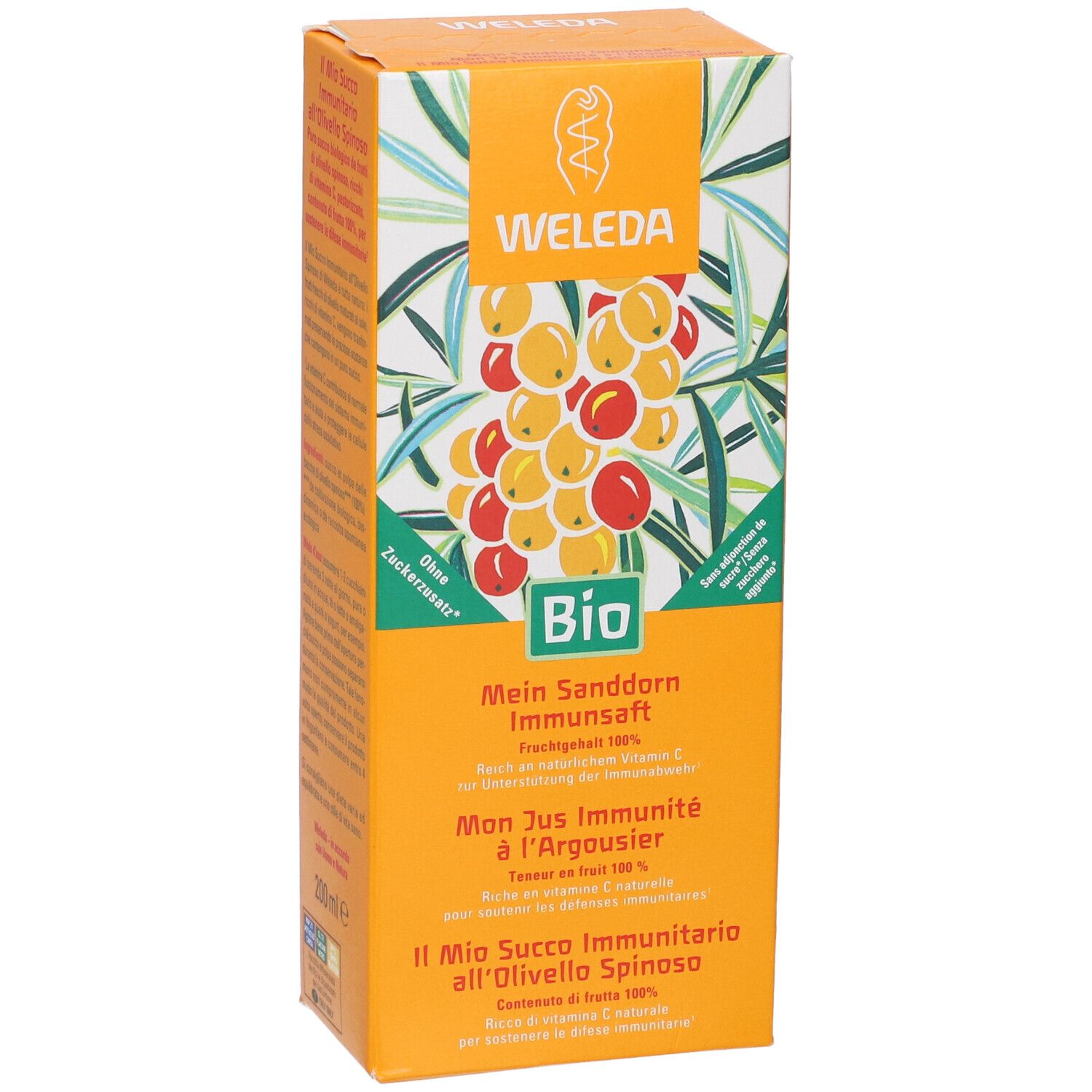 Confezione arancione con nome e logo del prodotto. Contiene succo immunitario di olivello spinoso bio. Logo Weleda e marchio bio.