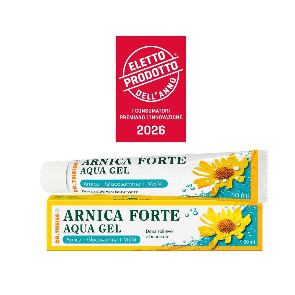 Gel-Tube mit gelber Verpackung. Aufschrift: ARNICAFORTE AQUA GEL, Dr. Theiss. Mit Arnica, Glucosamin, MSM. Gelbe Blüte.