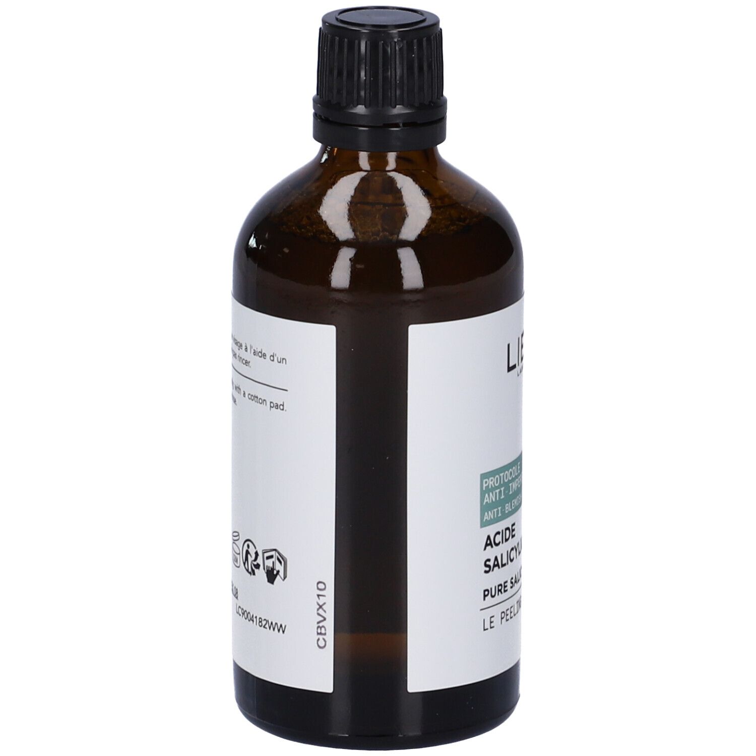 Braune Glasflasche mit schwarzem Deckel. Etikett mit Produktinformationen. Rückansicht des Produkts.