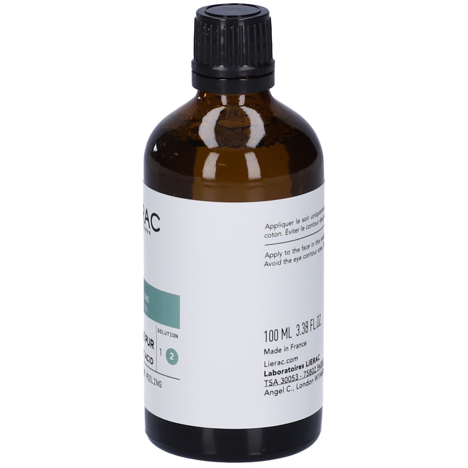 Braune Glasflasche mit schwarzem Deckel. Etikett mit Produktinformationen. Rückansicht des Produkts.