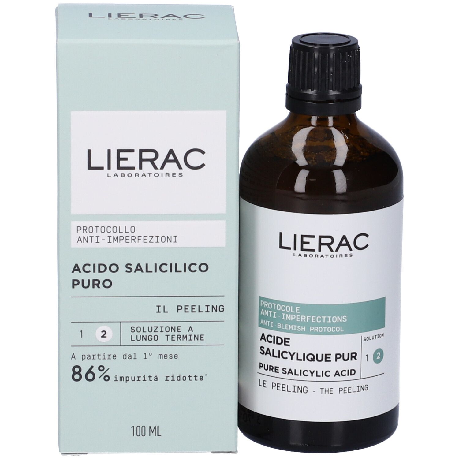 Produktflasche und Verpackung. Hellgrüne Verpackung mit Produktnamen und Marke Lierac. Enthält Salicylsäure.