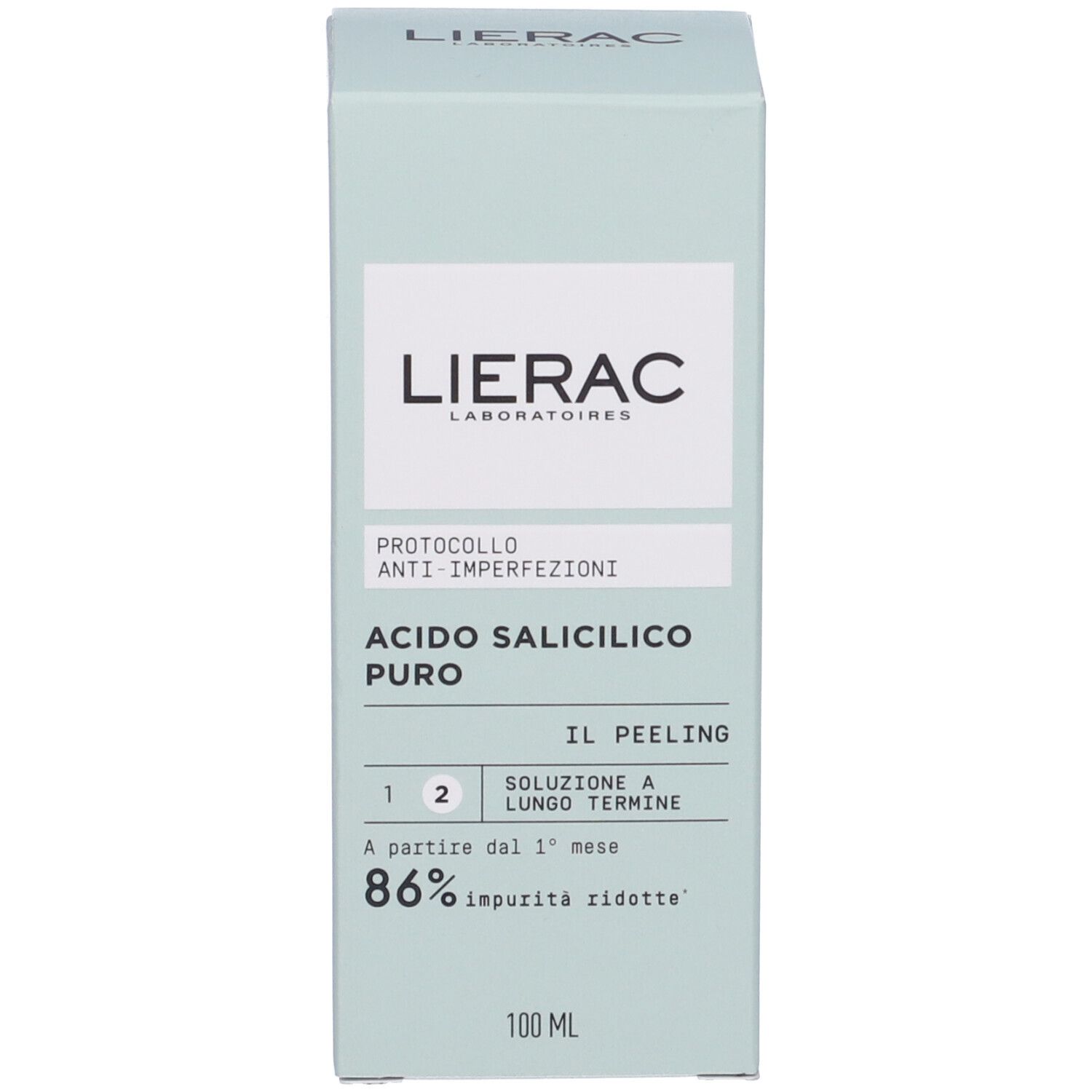 Hellgrüne Produktverpackung. Marke Lierac. Produktname und Informationen auf der Verpackung.
