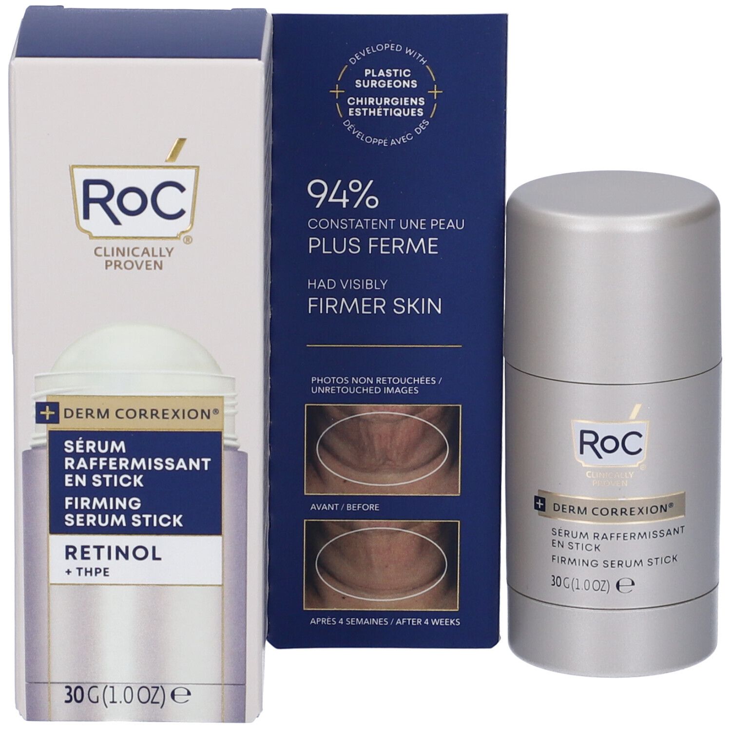ROC Derm Correxion Stick Siero Rassodante. Confezione e stick. Scritta: Retinolo + THPE. 30g.