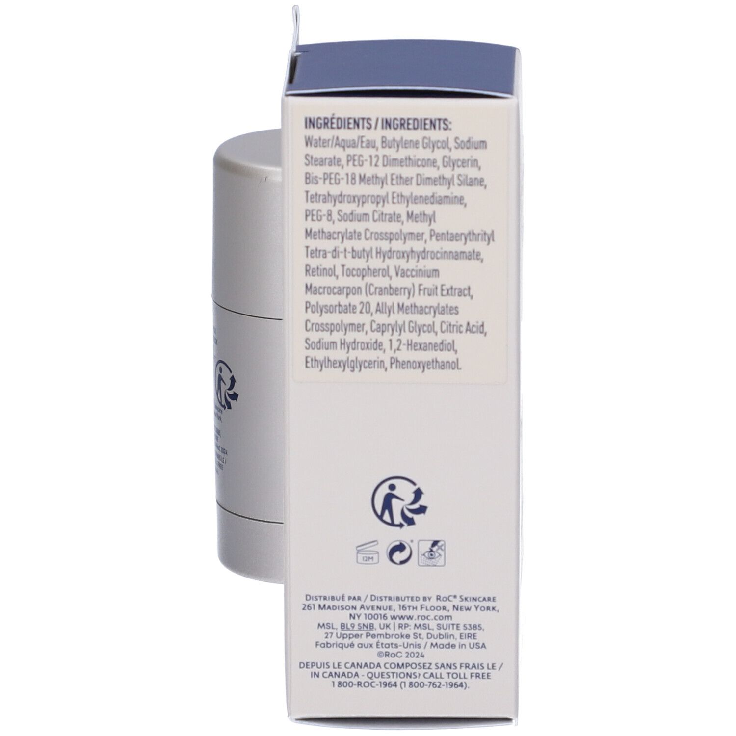 ROC Derm Correxion Stick Siero Rassodante. Confezione con ingredienti. Logo e testo.