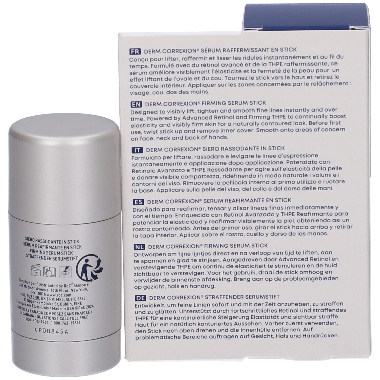 ROC Derm Correxion Stick Siero Rassodante. Stick e confezione. Testo multilingue.