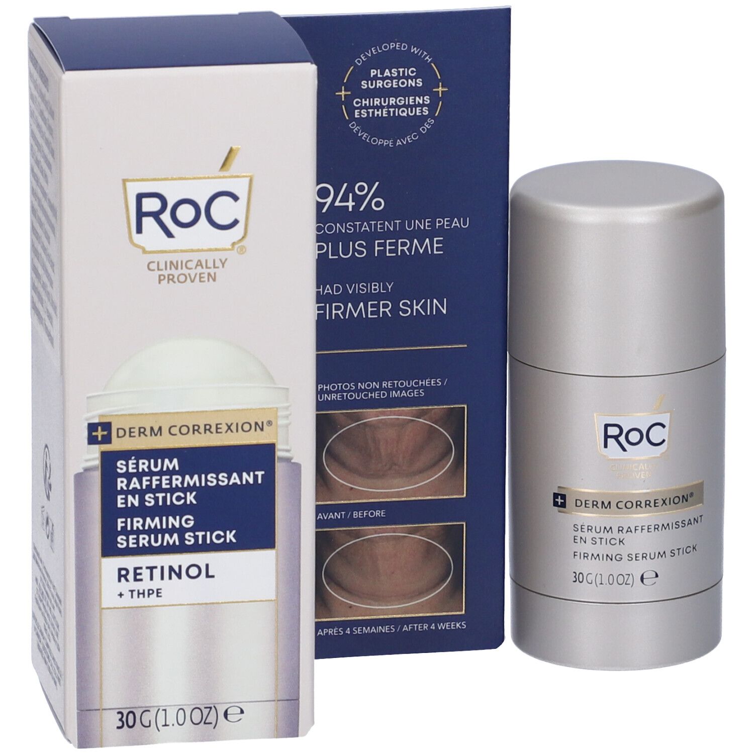 ROC Derm Correxion Stick Siero Rassodante. Confezione e stick. Scritta: Retinolo + THPE. 30g.