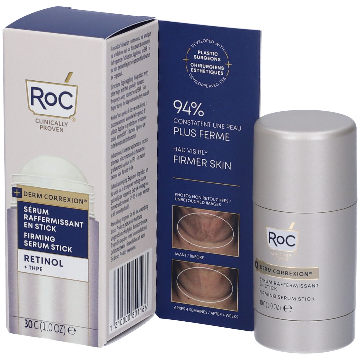 ROC Derm Correxion Stick Siero Rassodante. Confezione e stick. Scritta: Retinolo + THPE. 30g.