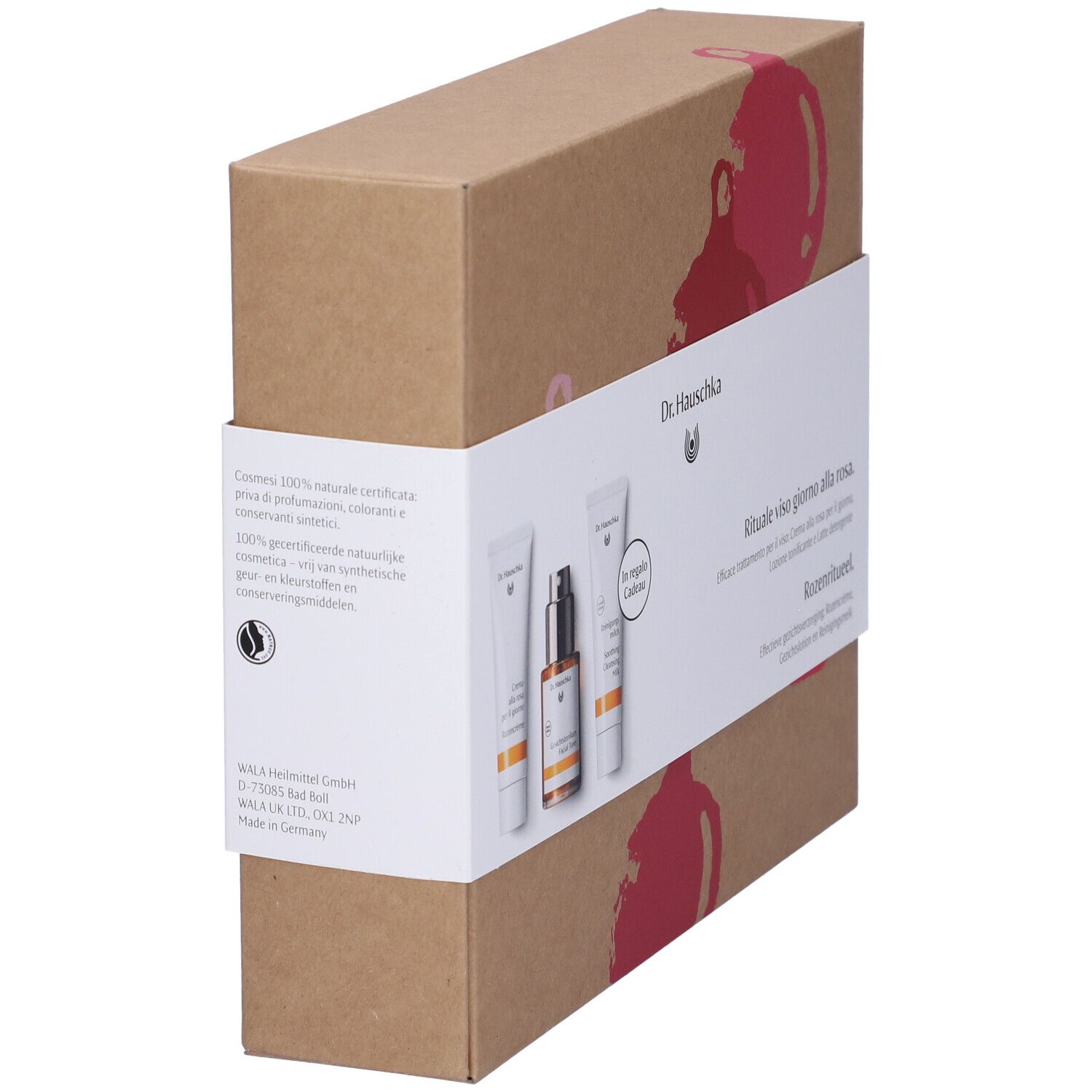 Confezione in cartone con tre prodotti. Scritta: Dr. Hauschka. Rituale alla rosa. Prodotti su fascia bianca.