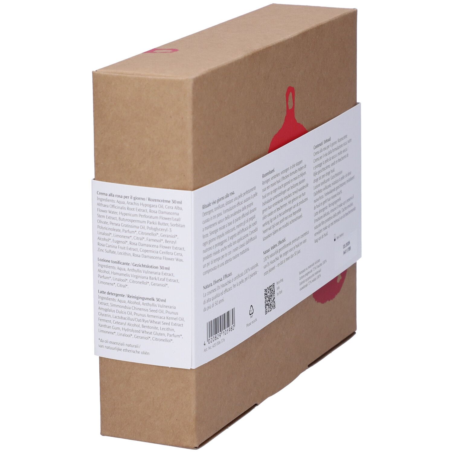 Confezione in cartone, in diagonale. Testo multilingue. Scritta: Ingredienti. Codice QR e simboli di riciclaggio.