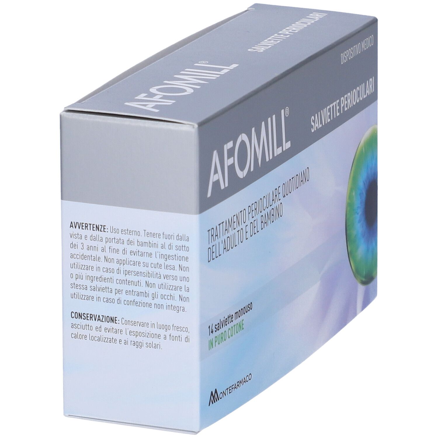 Afomill-Verpackung, schräg. Graue Schachtel mit Produktnamen und Text. Warnhinweise und Text.