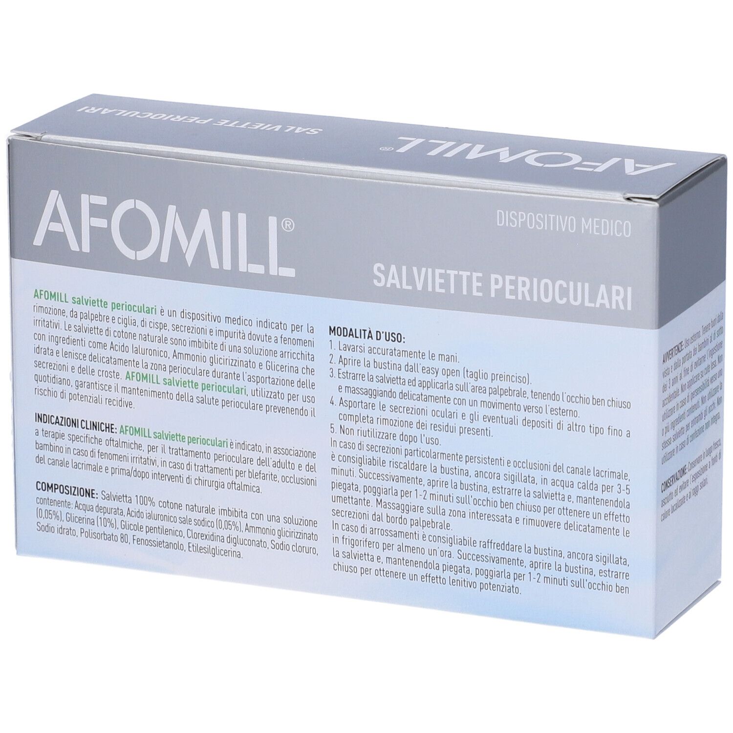 Afomill-Verpackung. Graue Schachtel mit Produktnamen und Text. Gebrauchsanweisung und Text.