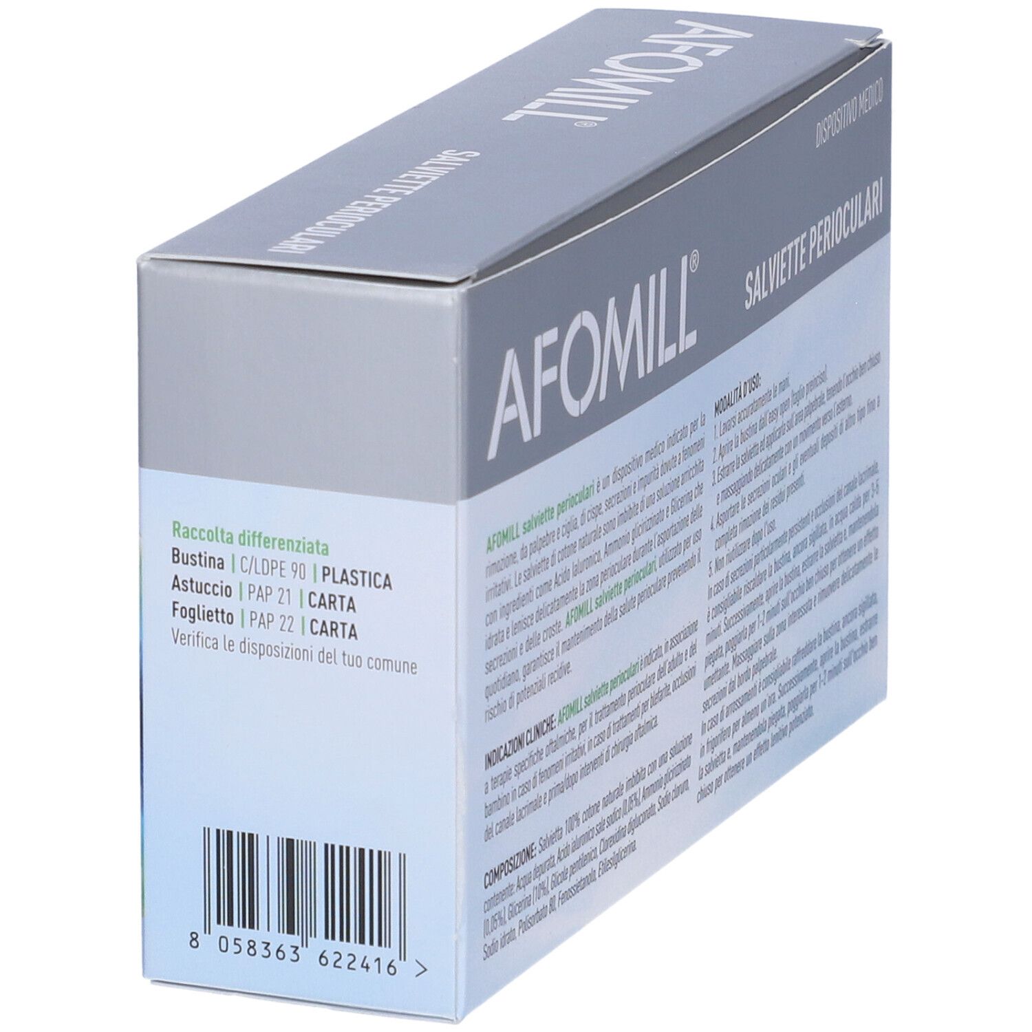 Afomill-Verpackung, Rückseite. Graue Schachtel mit Text und Barcode. Informationen zur Entsorgung.