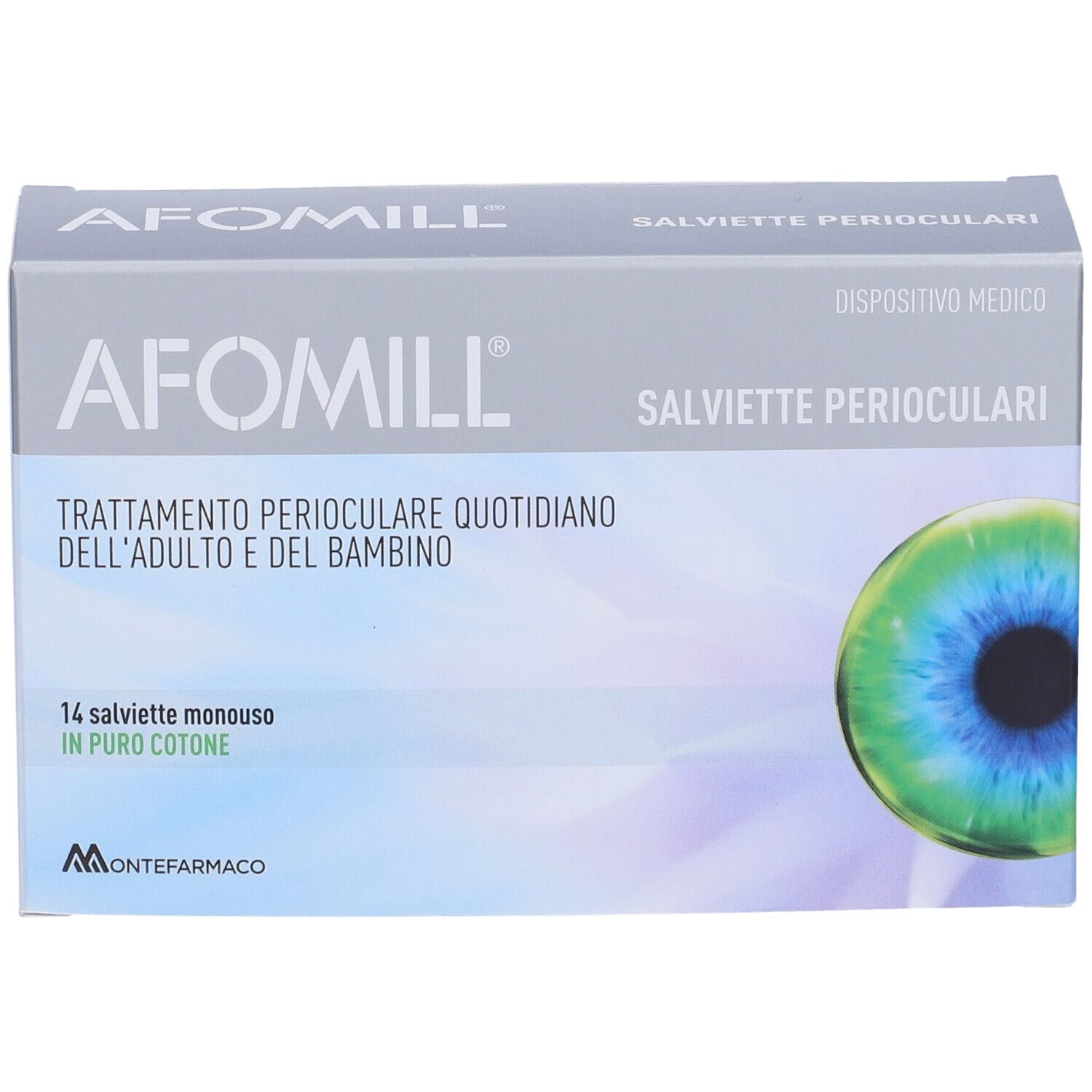 Afomill-Verpackung. Graue Schachtel mit Produktnamen und Text. Abbildung eines Auges. 14 Tücher.