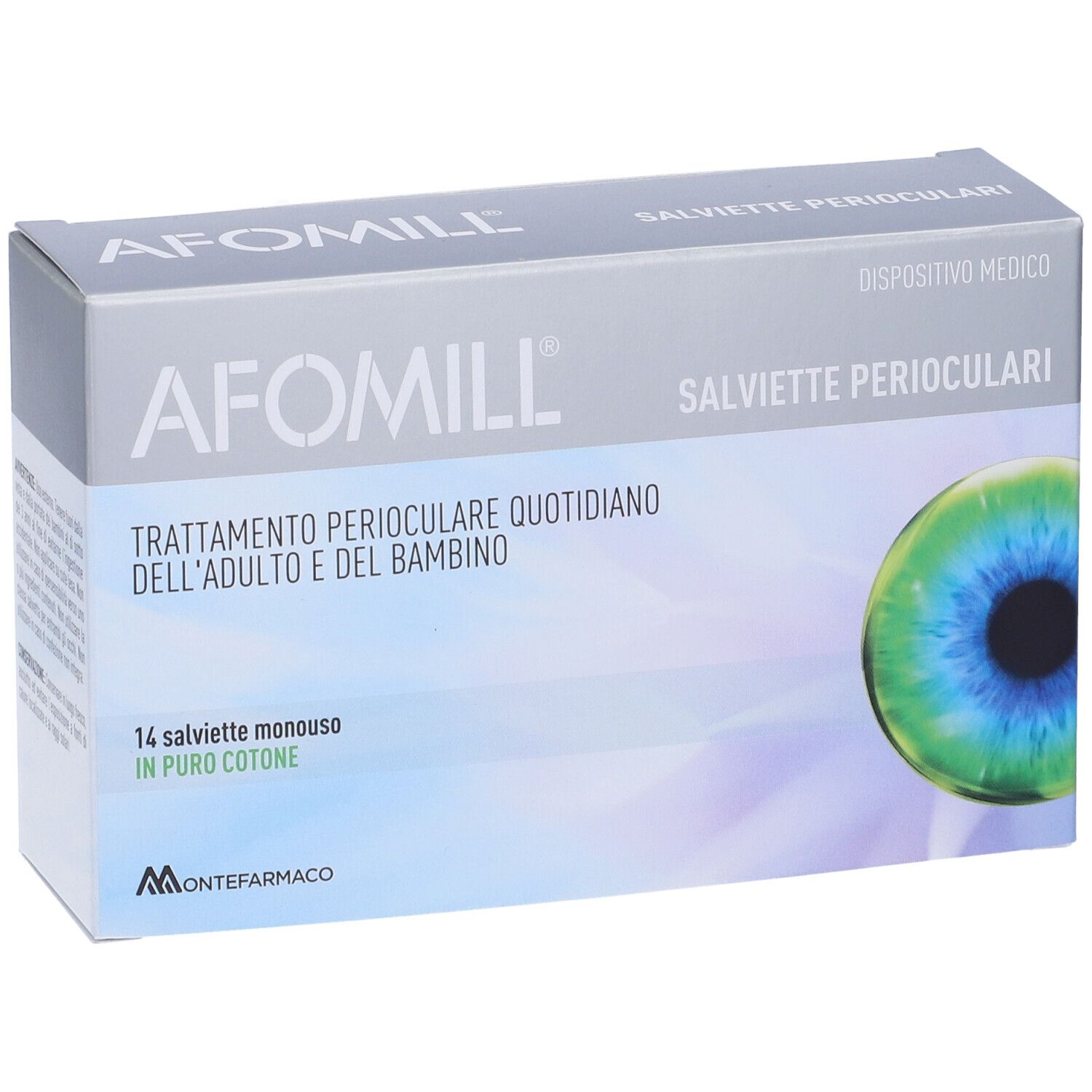 Afomill-Verpackung. Graue Schachtel mit Produktnamen und Text. Abbildung eines Auges. 14 Tücher.