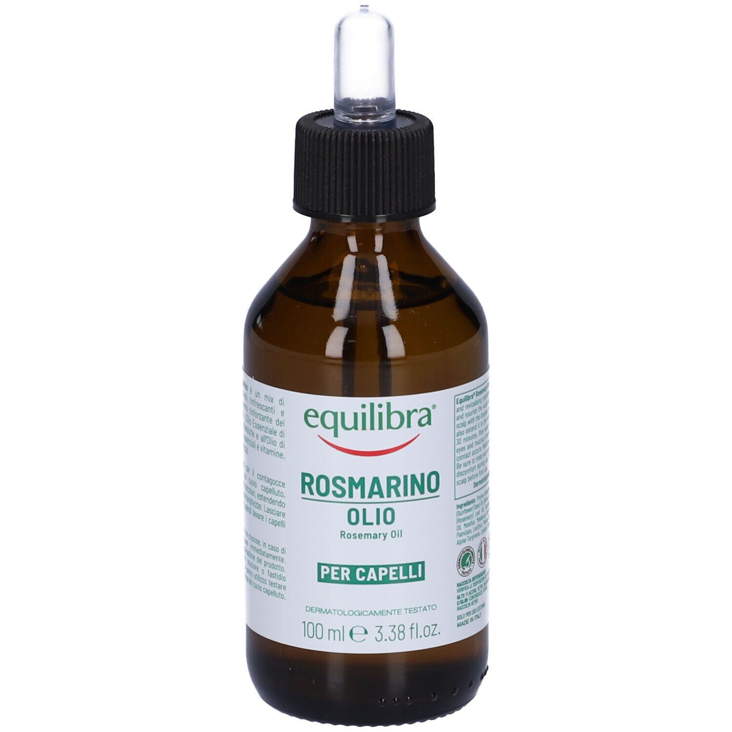 Flacone di vetro marrone con tappo nero e pipetta. Etichetta con nome del prodotto e logo. Per capelli.