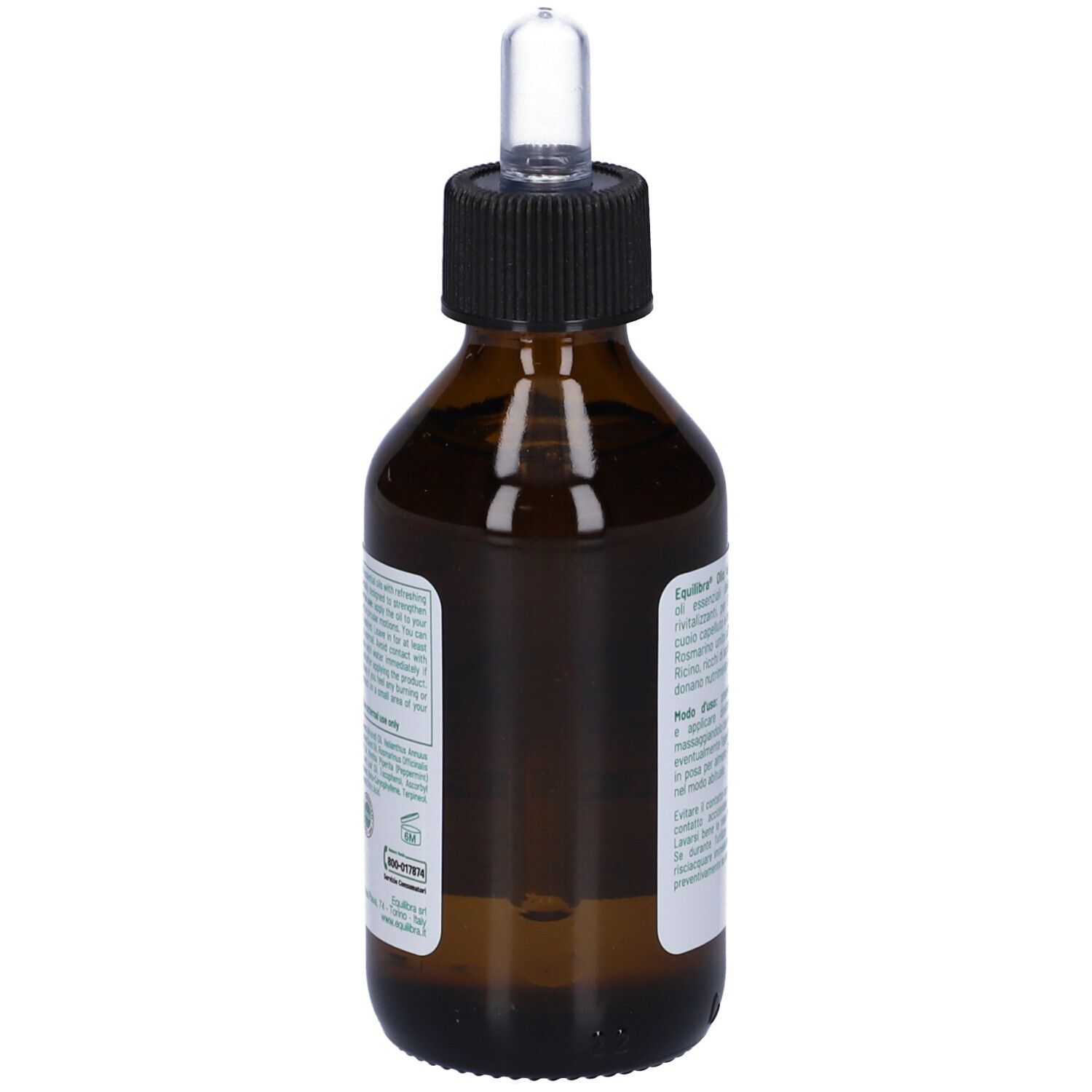 Flacone di vetro marrone con tappo nero e pipetta. Etichetta con informazioni sul prodotto. Per capelli.